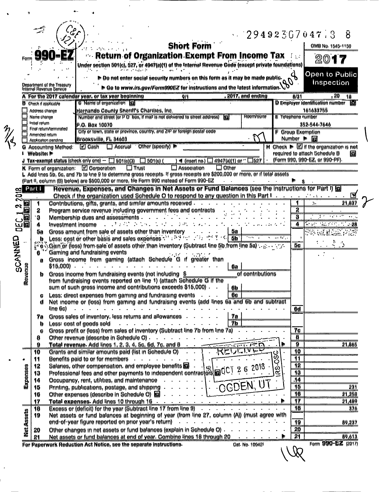 Image of first page of 2017 Form 990EO for Hernando County Sheriff's Charities