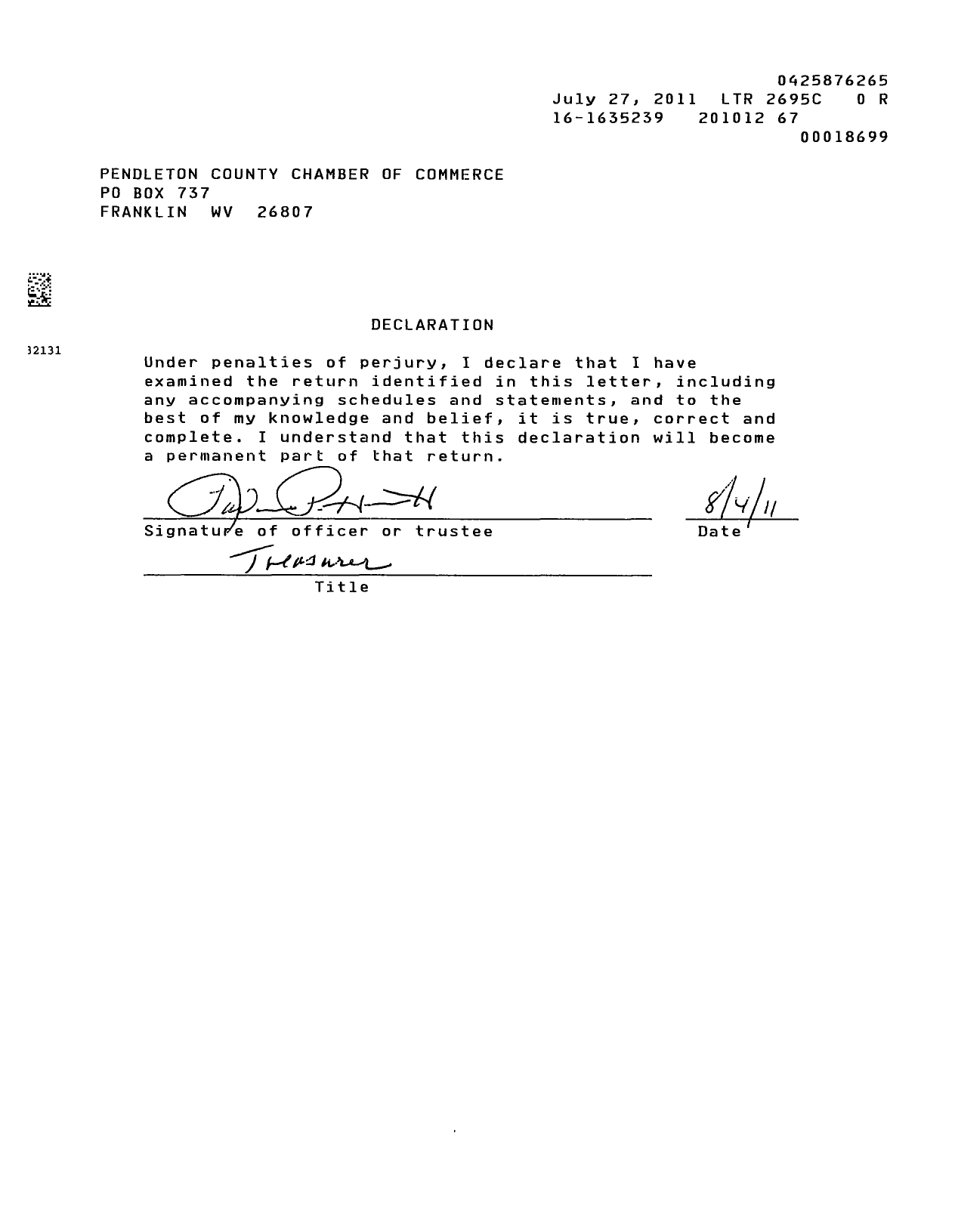 Image of first page of 2010 Form 990EOR for Pendleton County Chamber of Commerce