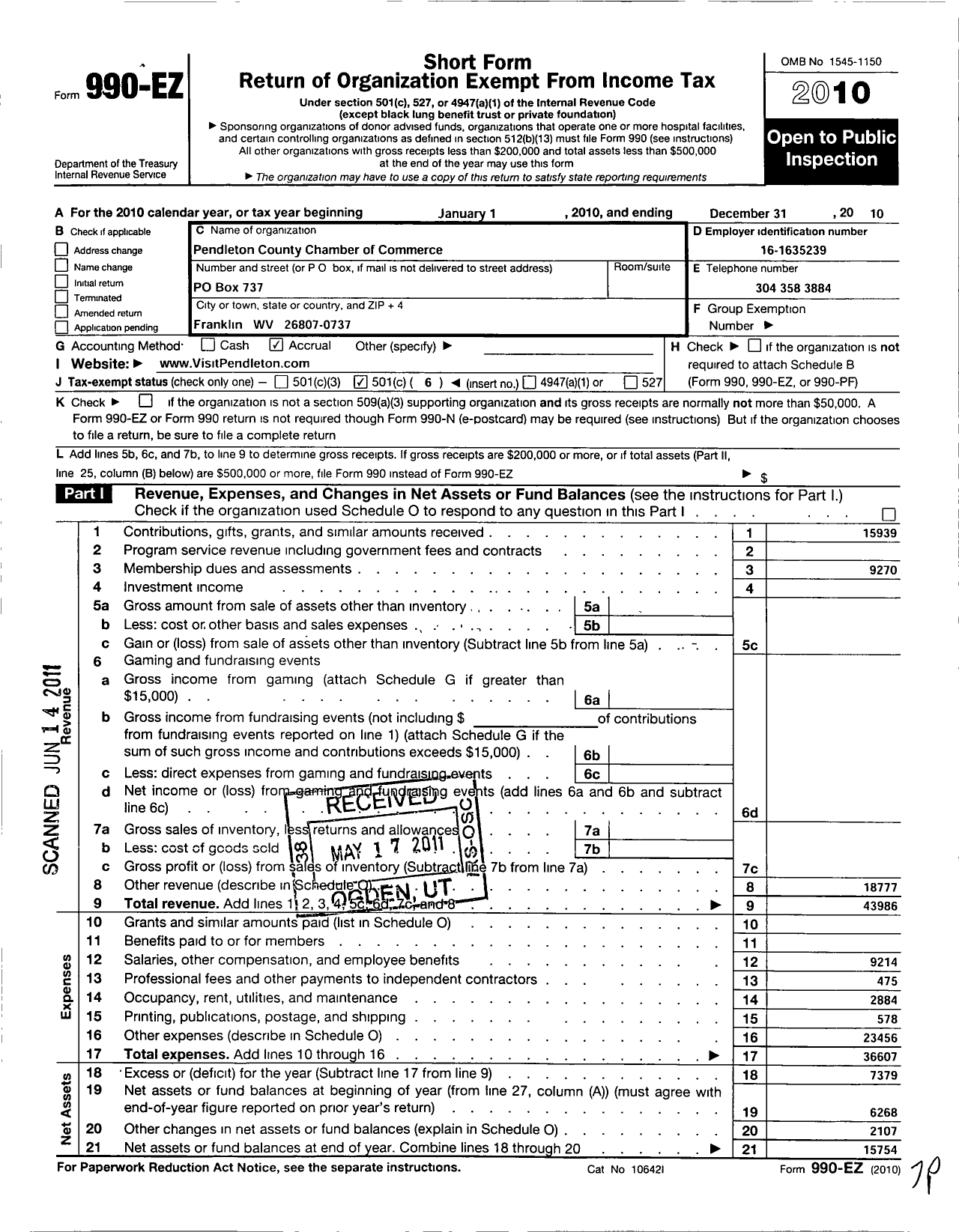 Image of first page of 2010 Form 990EO for Pendleton County Chamber of Commerce