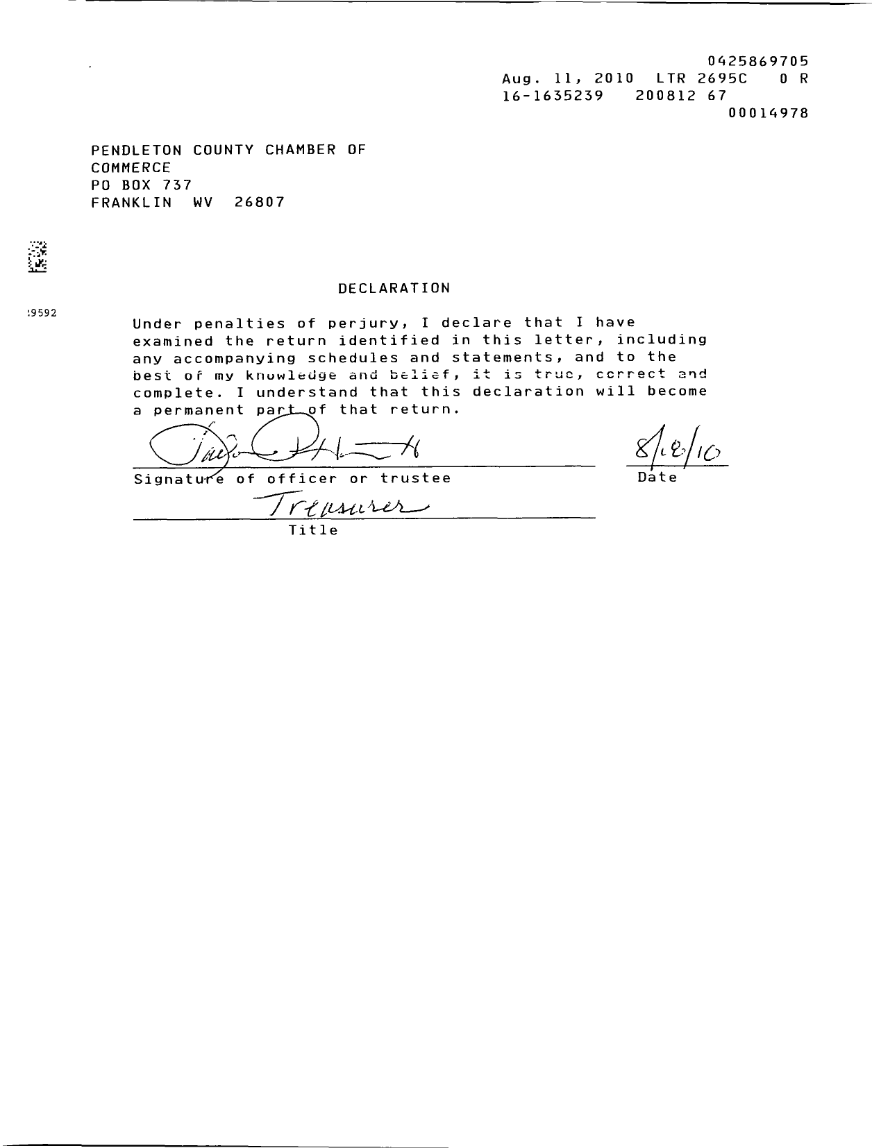 Image of first page of 2008 Form 990EOR for Pendleton County Chamber of Commerce