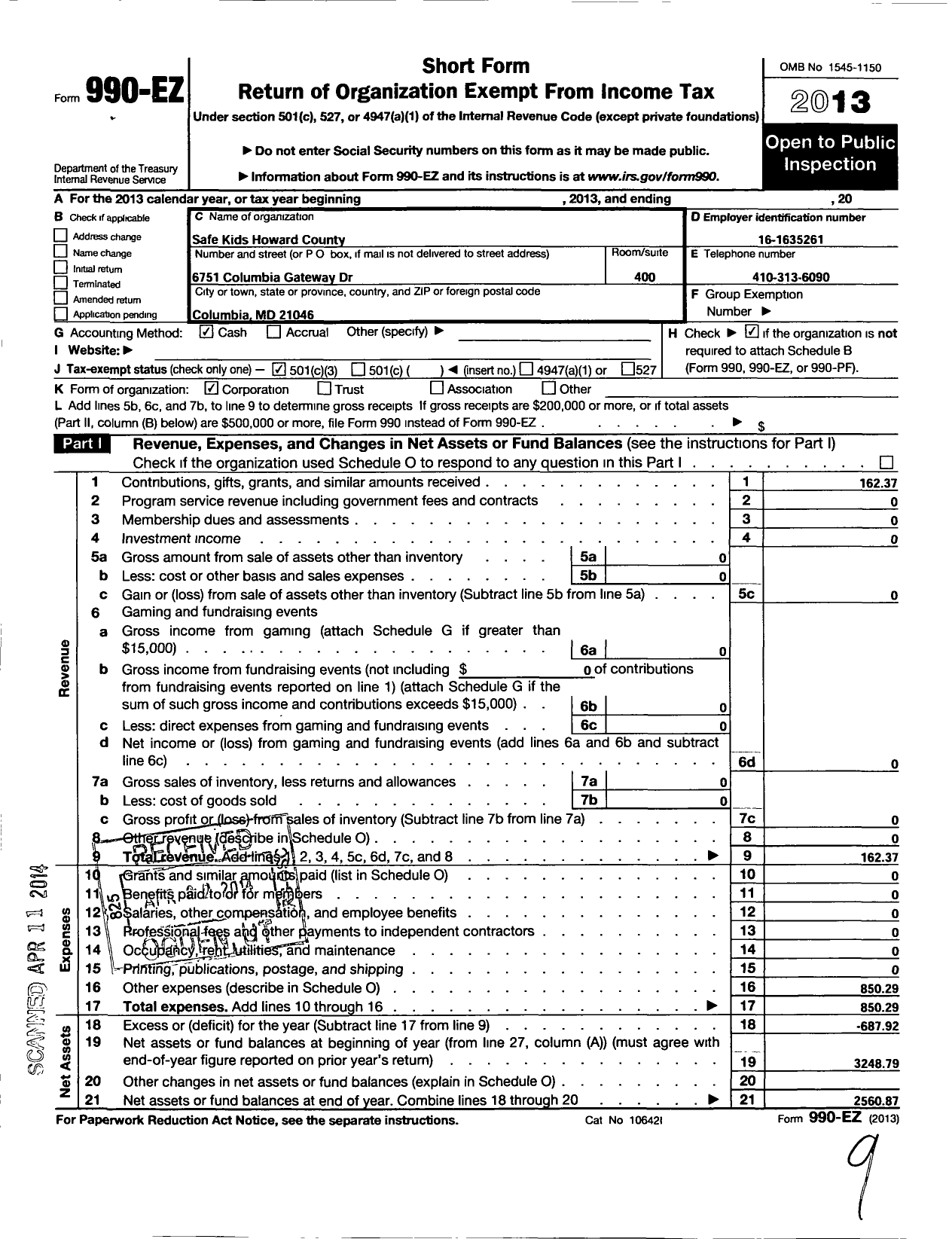 Image of first page of 2013 Form 990EZ for Howard County Safe Kids Coalition