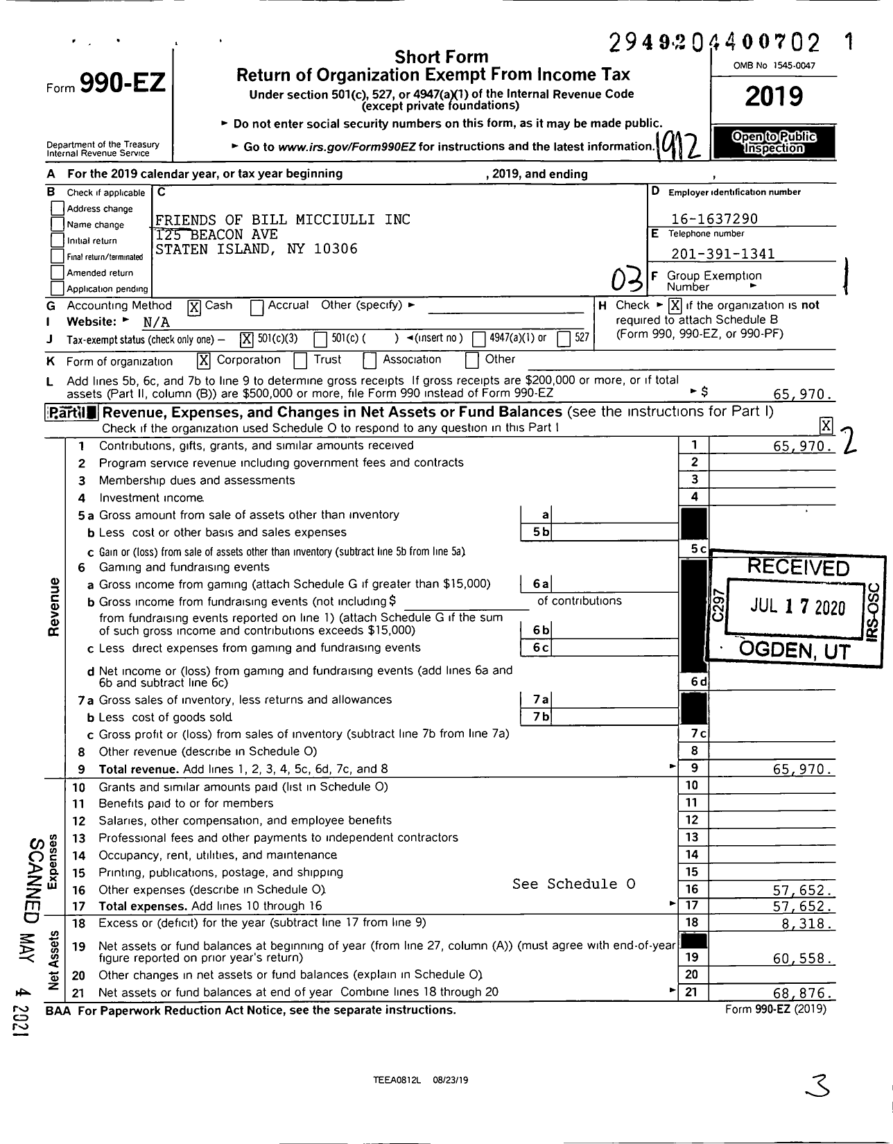 Image of first page of 2019 Form 990EZ for Friends of Bill Micciulli