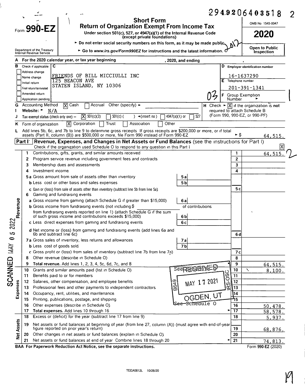 Image of first page of 2020 Form 990EZ for Friends of Bill Micciulli