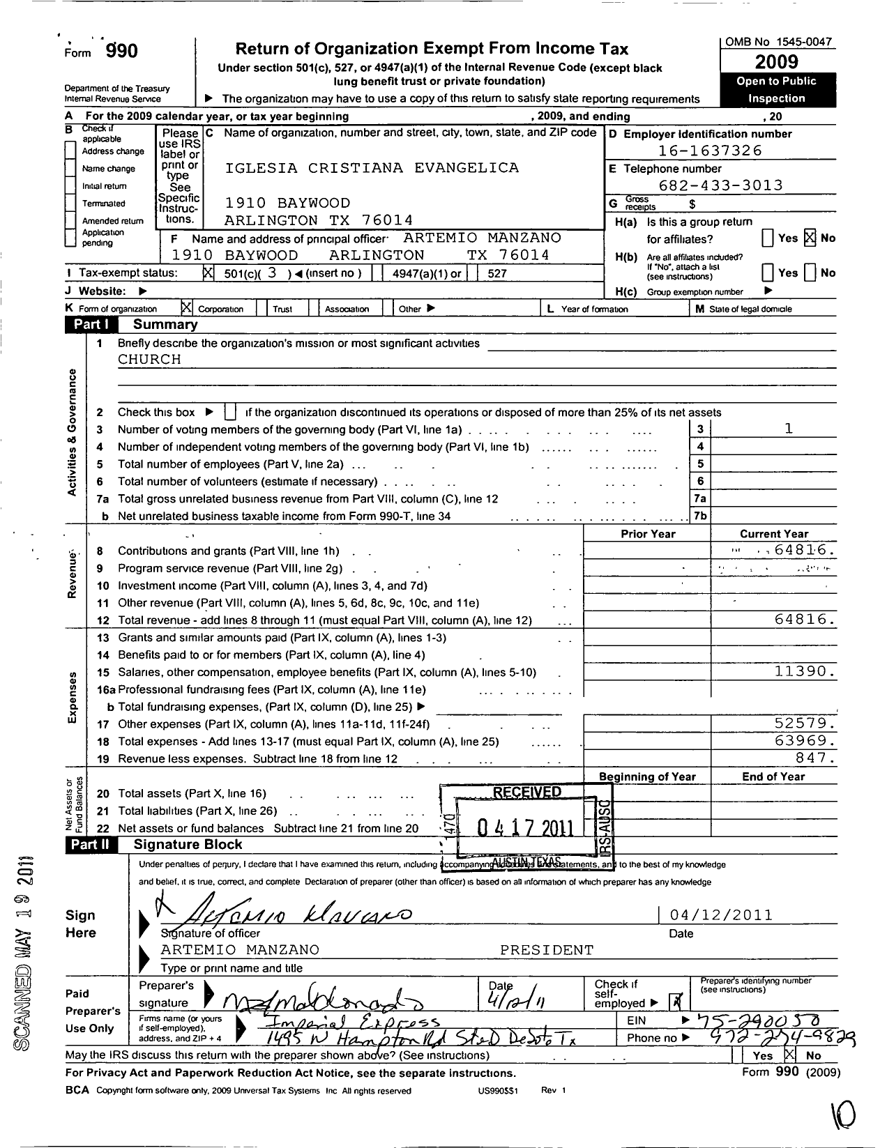 Image of first page of 2009 Form 990 for Iglesia Cristiana Pentecotes Torre Fuerte