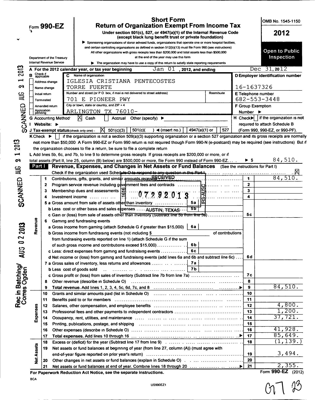 Image of first page of 2012 Form 990EZ for Iglesia Cristiana Pentecotes Torre Fuerte