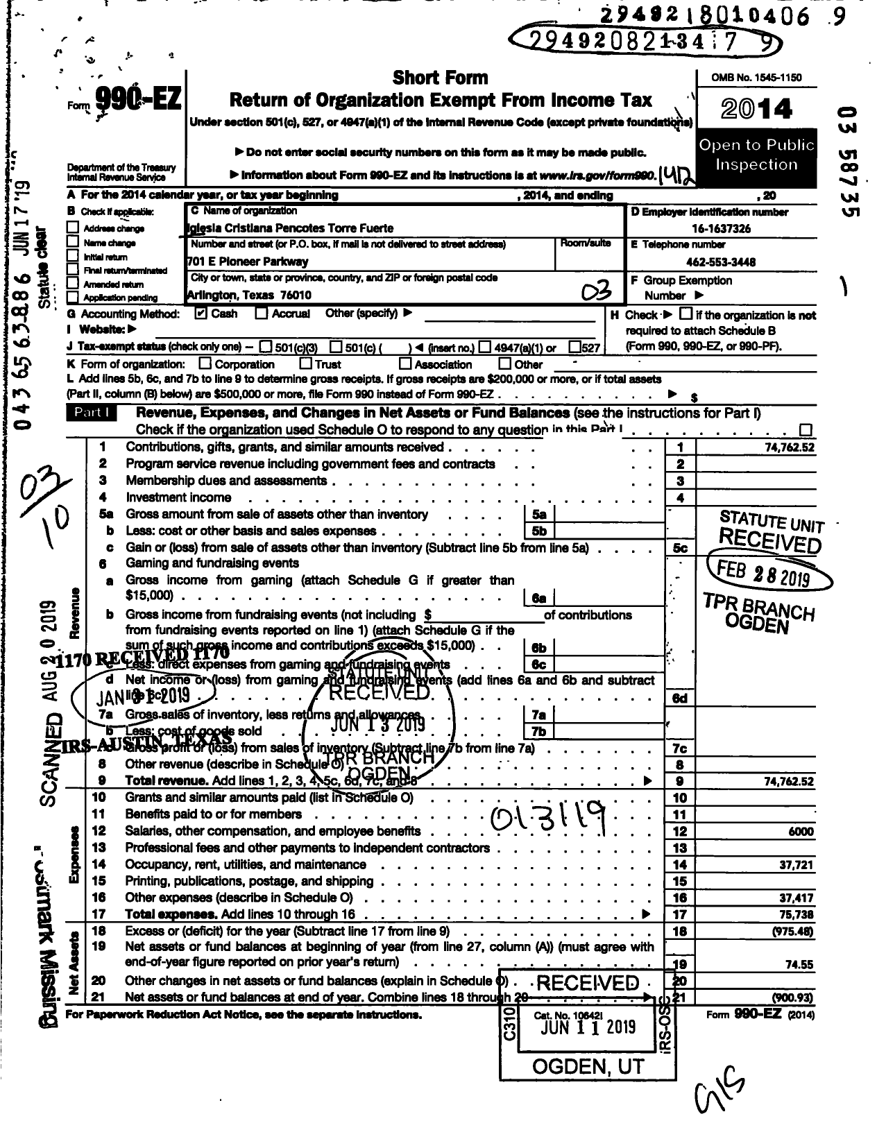 Image of first page of 2014 Form 990EZ for Iglesia Cristiana Pentecotes Torre Fuerte