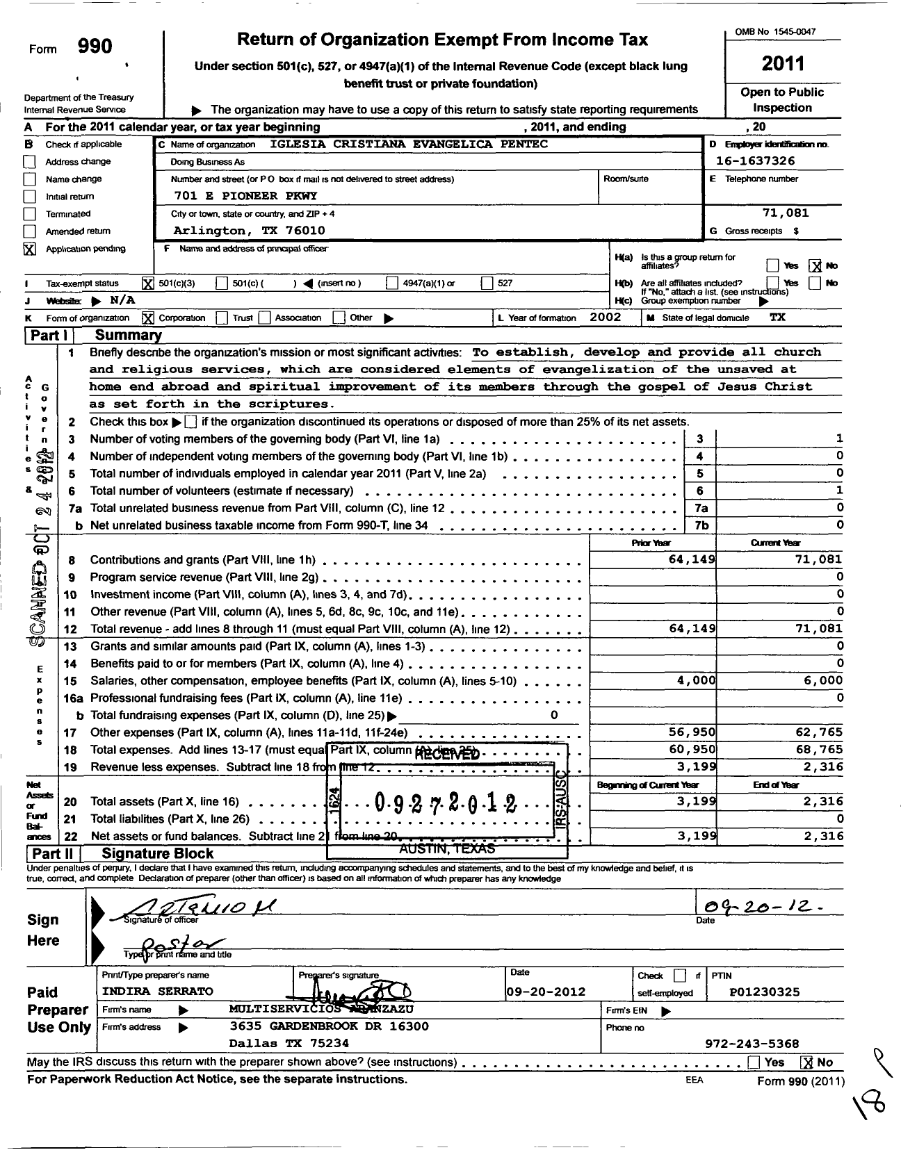 Image of first page of 2011 Form 990 for Iglesia Cristiana Pentecotes Torre Fuerte