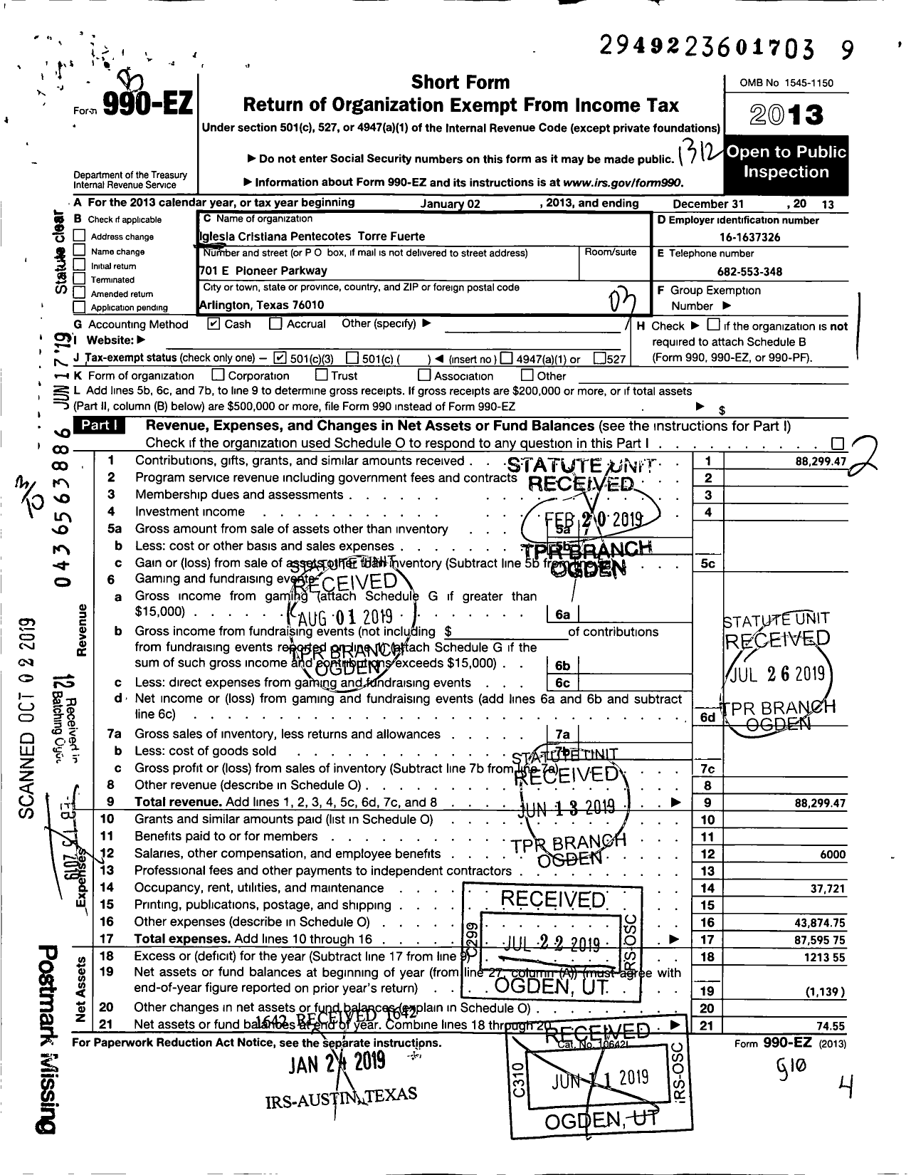 Image of first page of 2013 Form 990EZ for Iglesia Cristiana Pentecotes Torre Fuerte