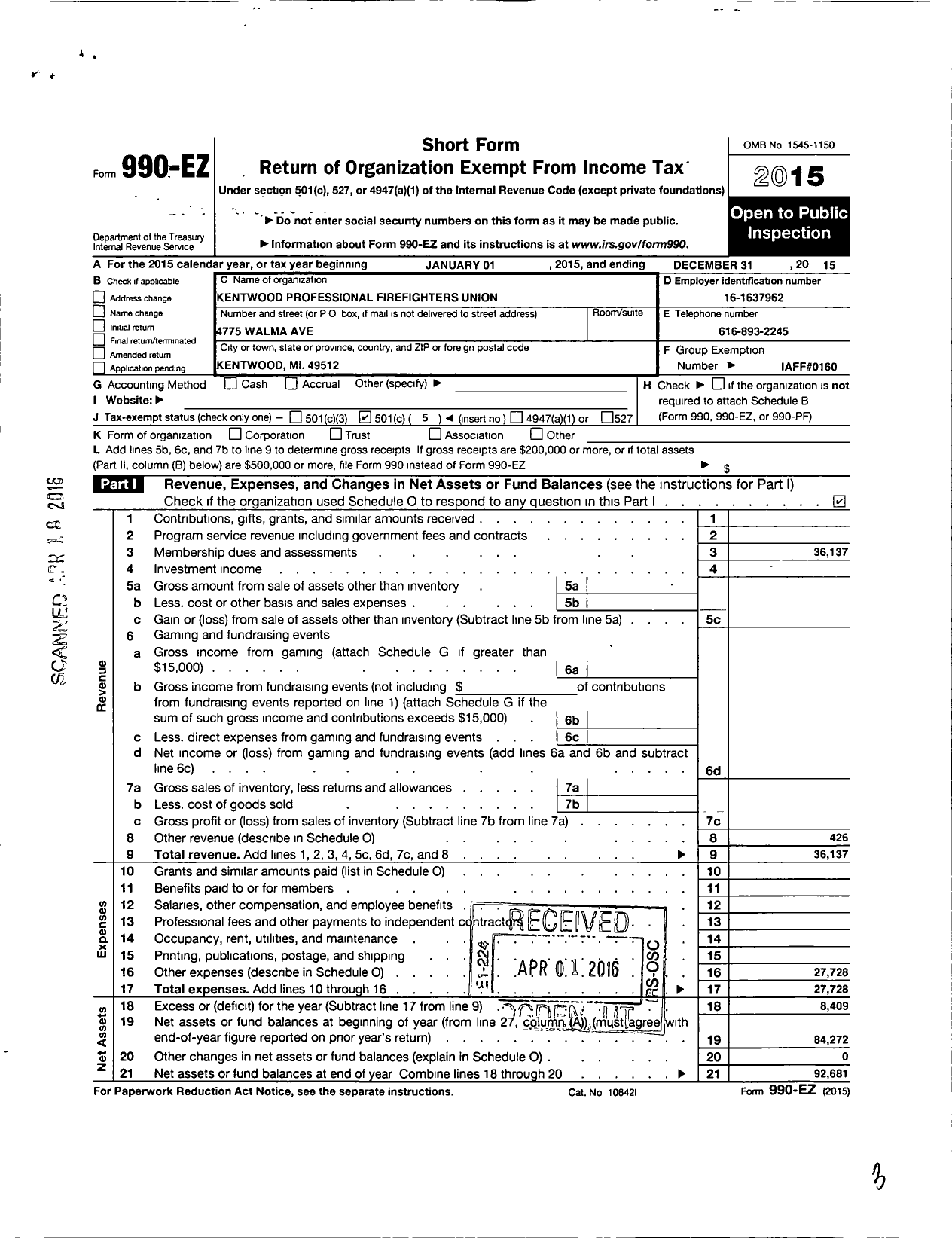 Image of first page of 2015 Form 990EO for International Association of Fire Fighters - L3174 Kentwood