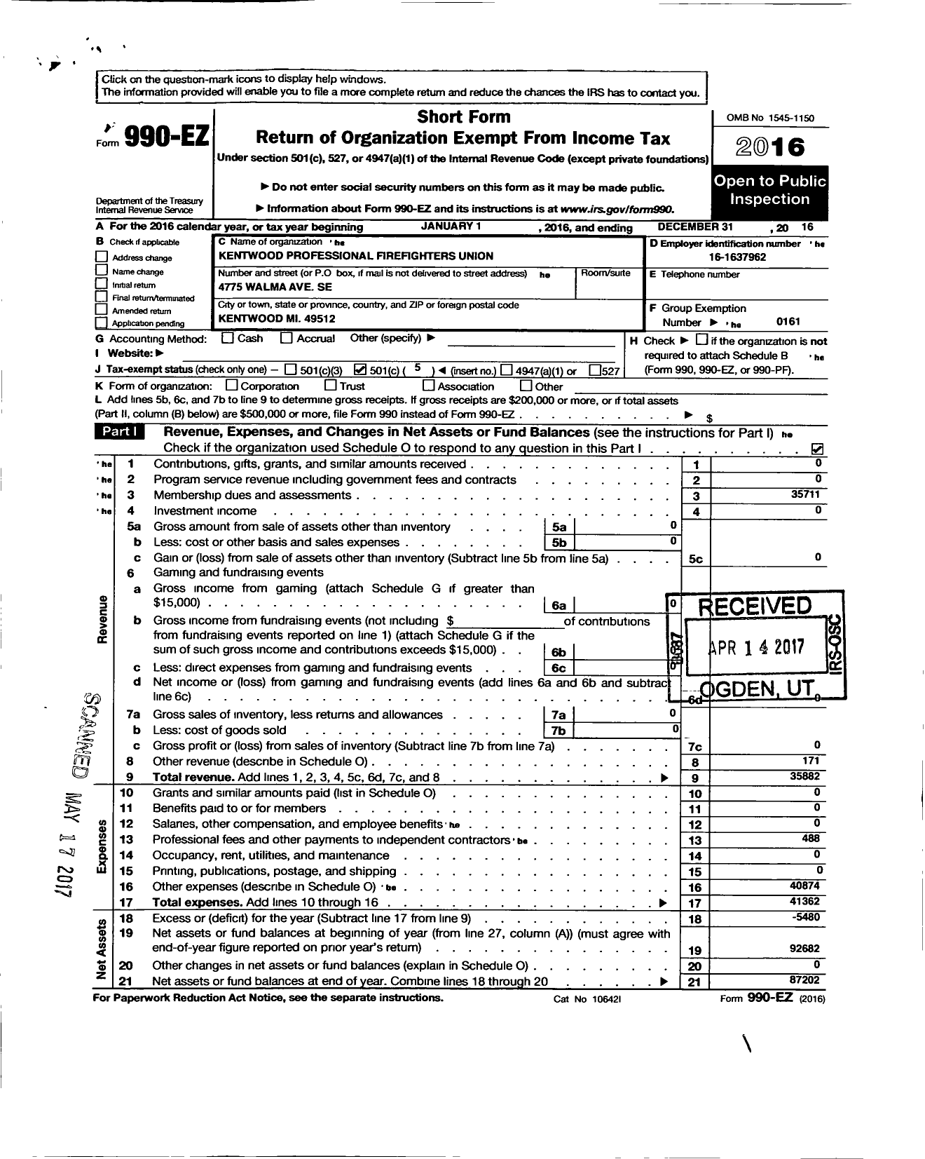 Image of first page of 2016 Form 990EO for International Association of Fire Fighters - L3174 Kentwood