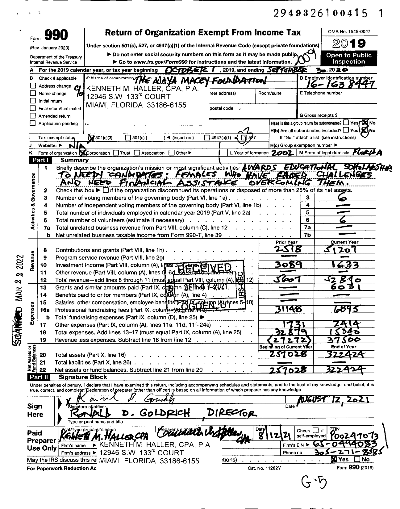 Image of first page of 2019 Form 990 for The Maya Macey Foundation %kenneth Macey Hallercpapa