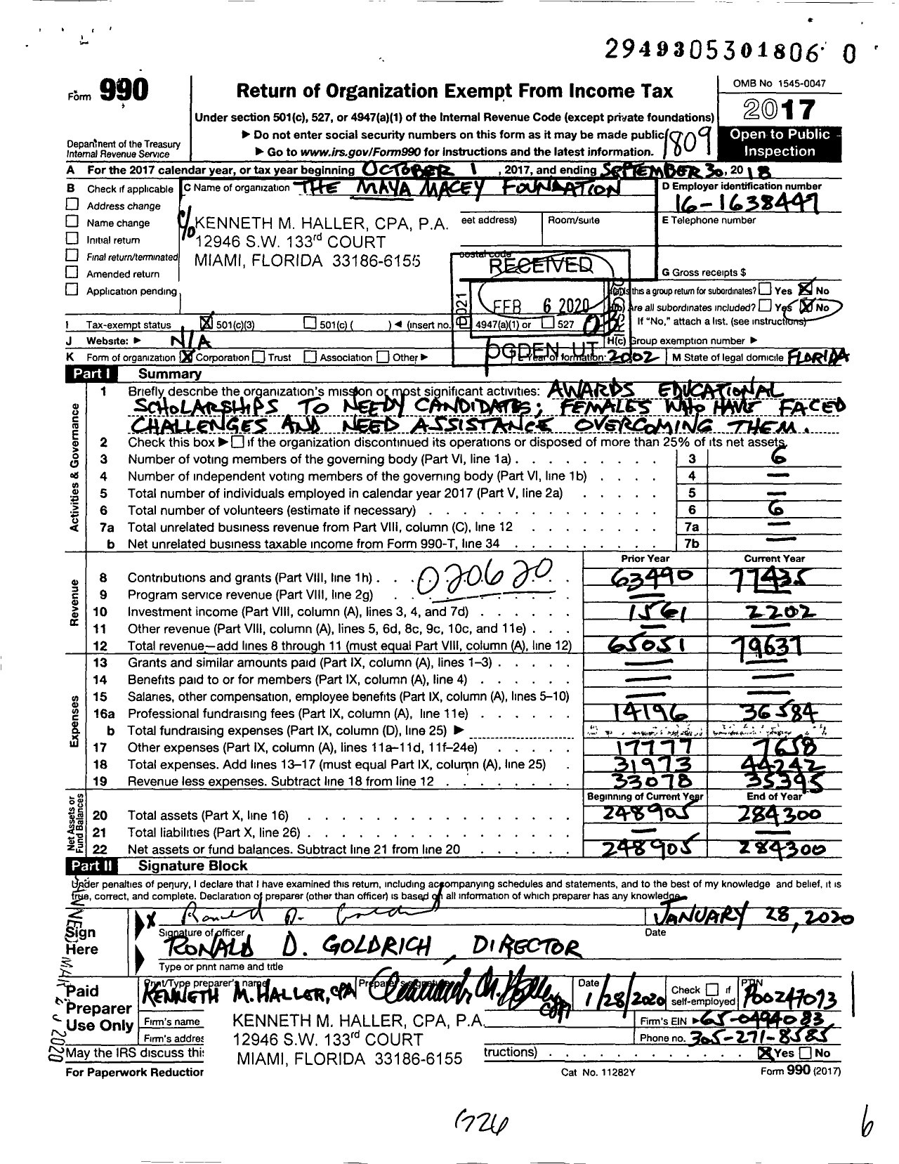 Image of first page of 2017 Form 990 for The Maya Macey Foundation %kenneth Macey Hallercpapa