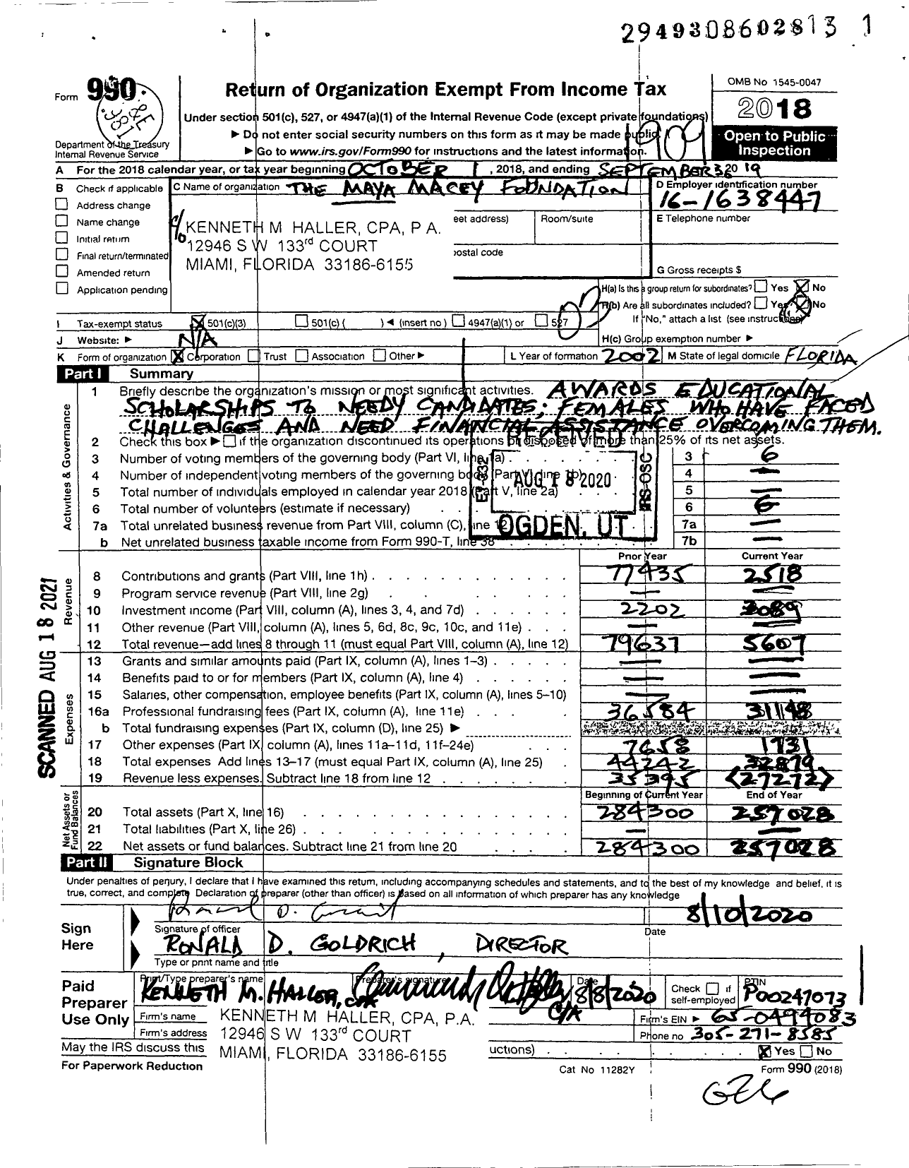 Image of first page of 2018 Form 990 for The Maya Macey Foundation %kenneth Macey Hallercpapa