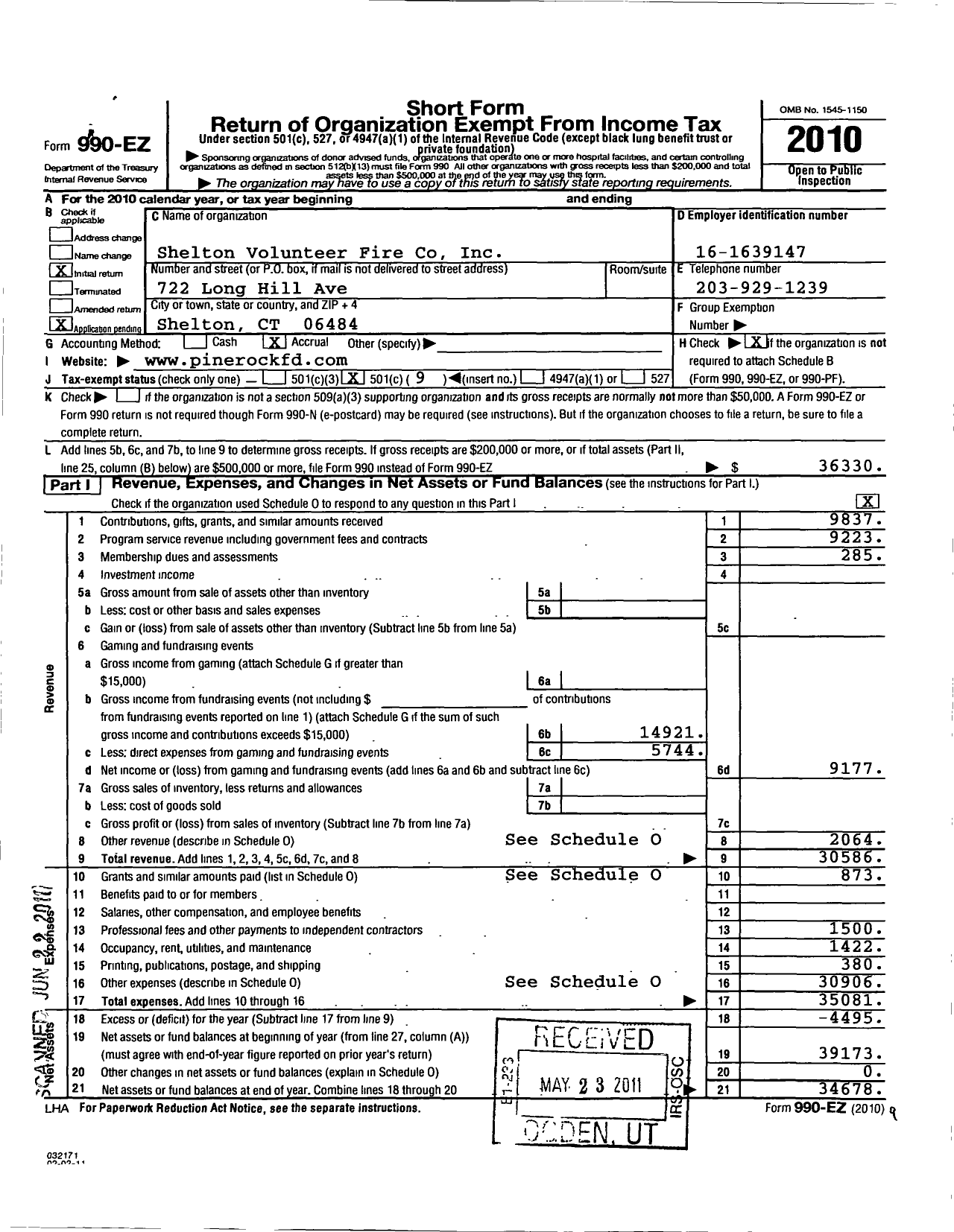 Image of first page of 2010 Form 990EO for Shelton Volunteer Fire Company Number 4 Pine Rock Park