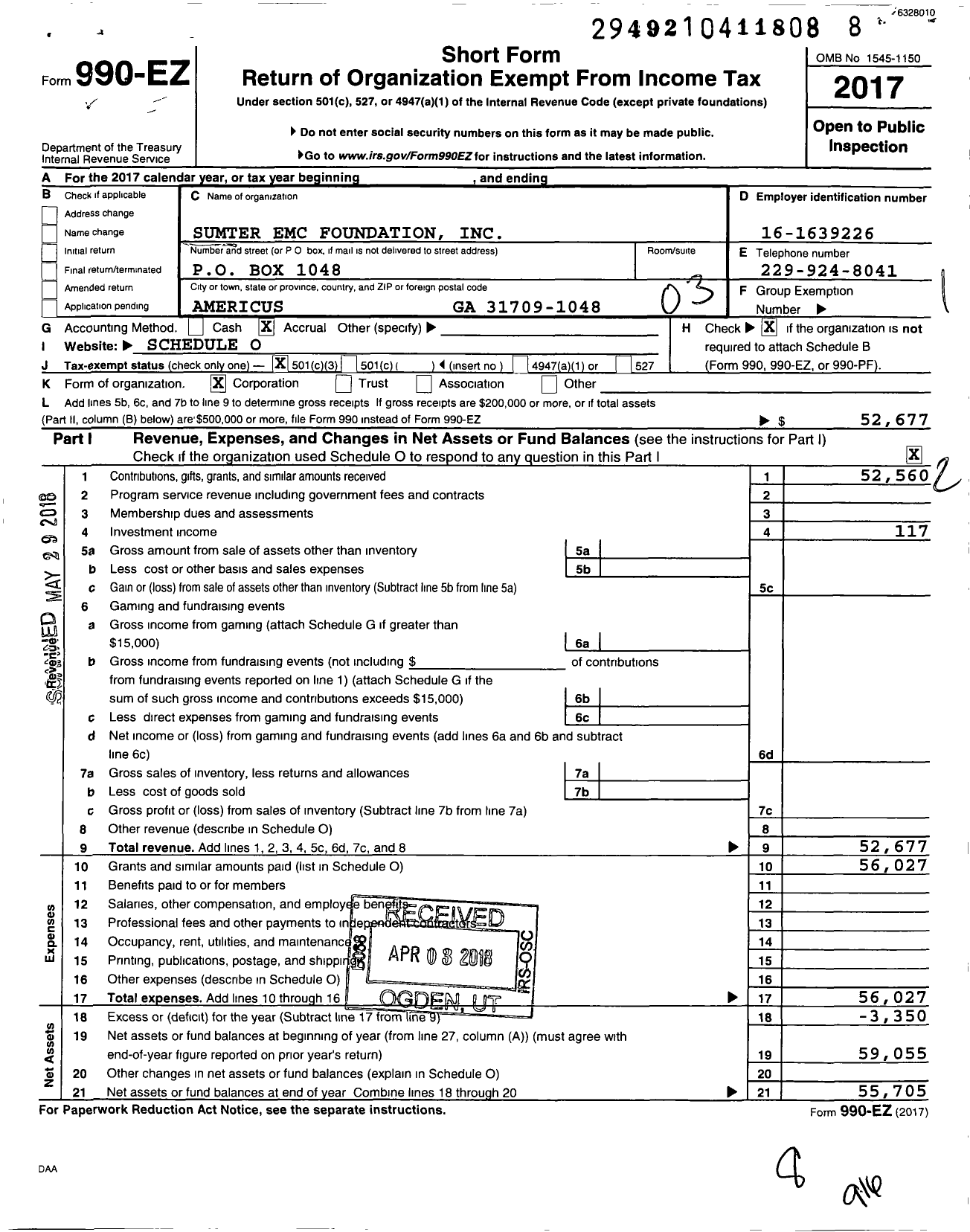 Image of first page of 2017 Form 990EZ for Sumter Emc Foundation