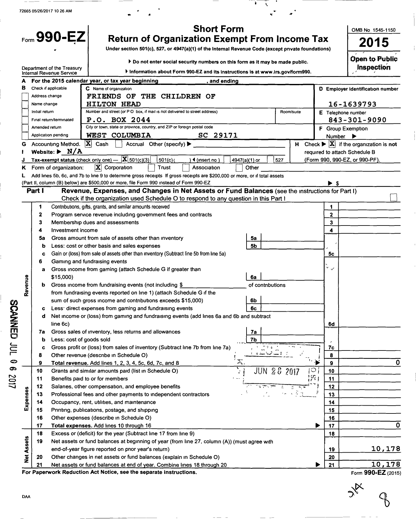 Image of first page of 2015 Form 990EZ for Friends of the Children of Hilton Head