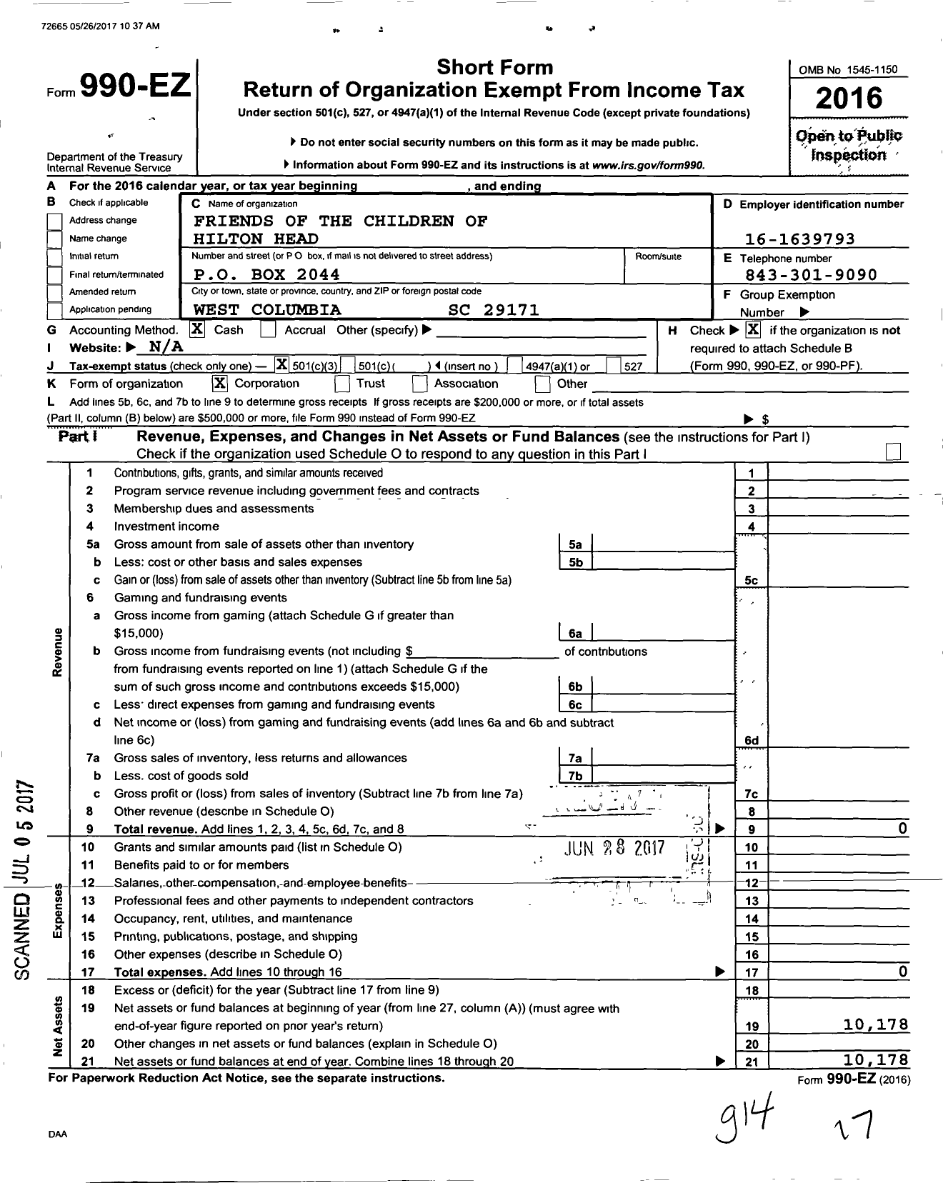 Image of first page of 2016 Form 990EZ for Friends of the Children of Hilton Head