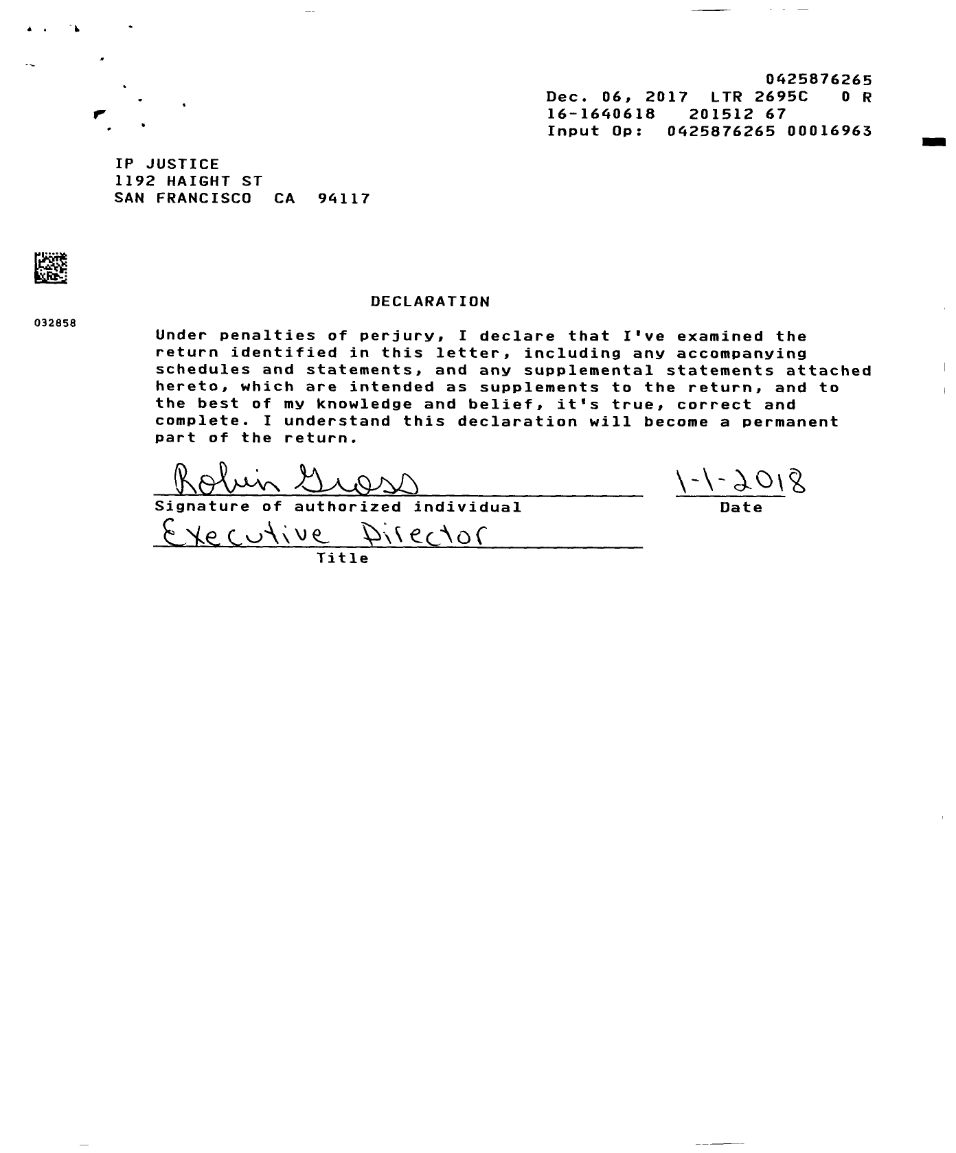 Image of first page of 2015 Form 990ER for Ip Justice