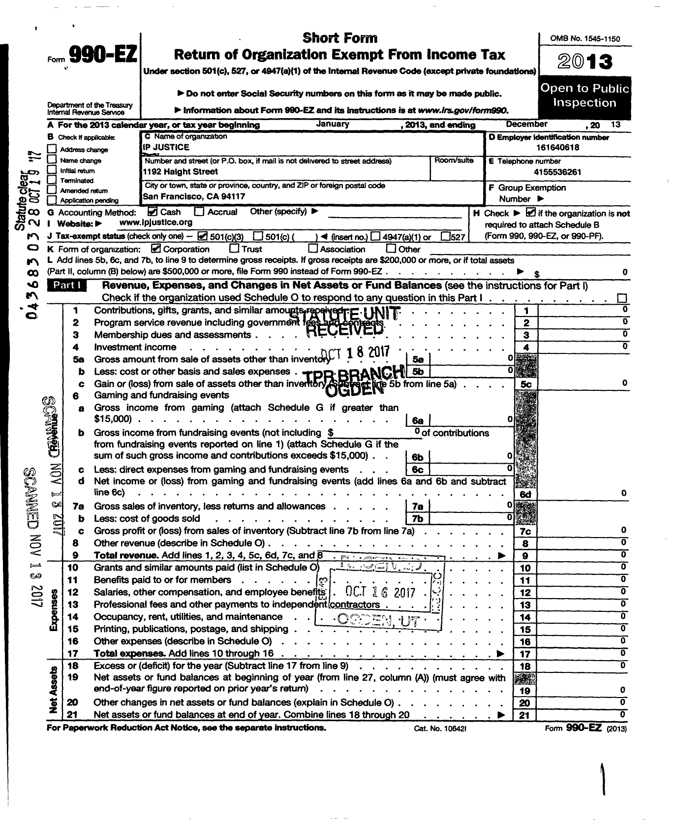 Image of first page of 2013 Form 990EZ for Ip Justice