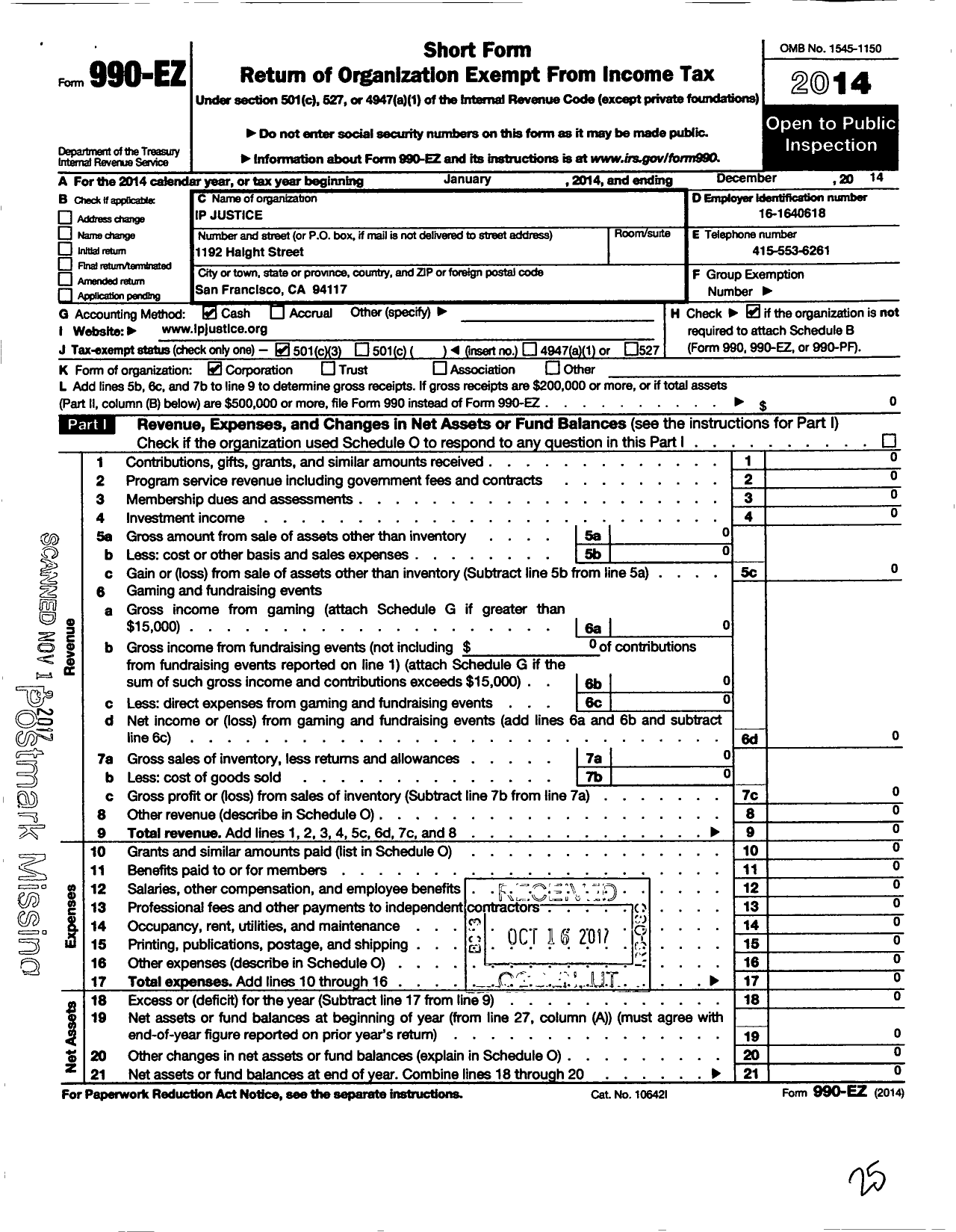 Image of first page of 2014 Form 990EZ for Ip Justice