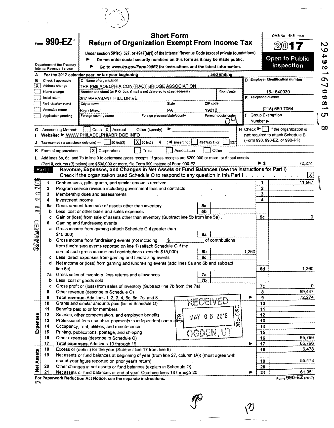 Image of first page of 2017 Form 990EO for Philadelphia Contract Bridge Association