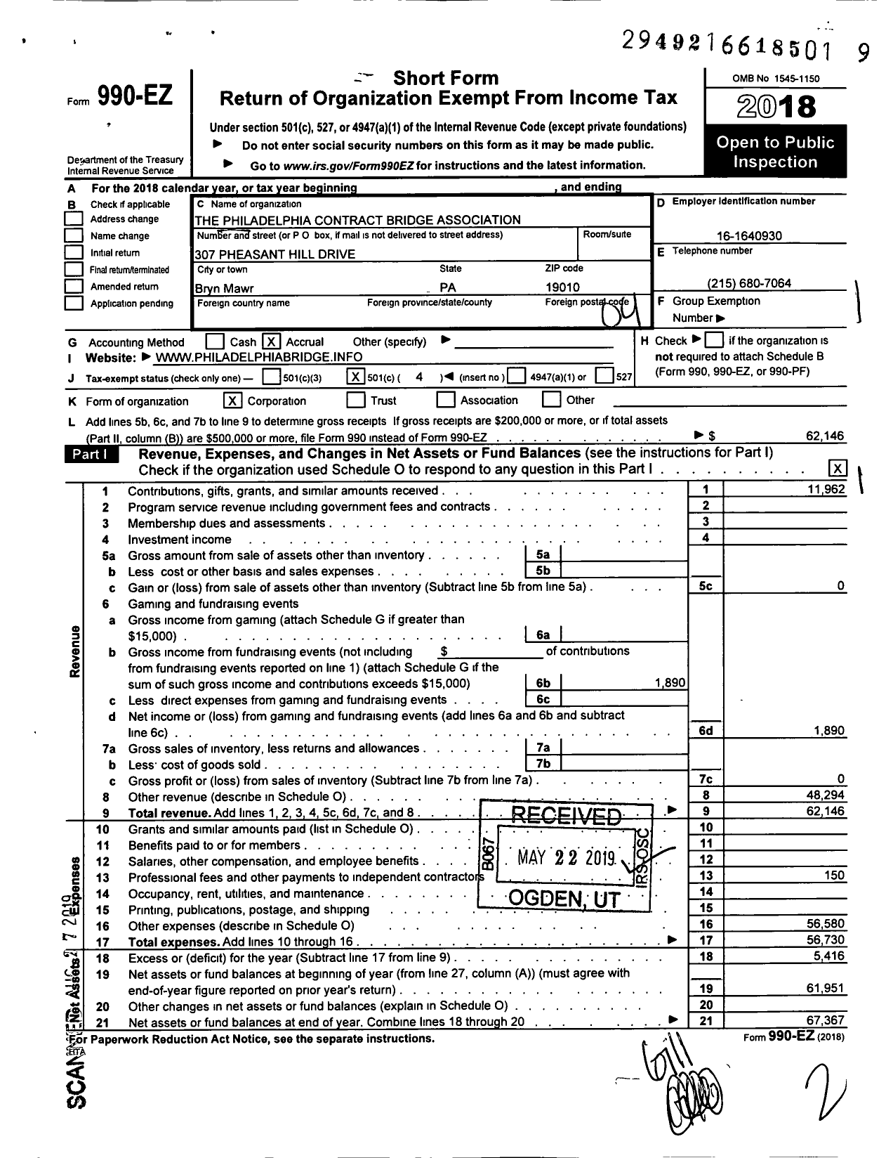 Image of first page of 2018 Form 990EO for Philadelphia Contract Bridge Association