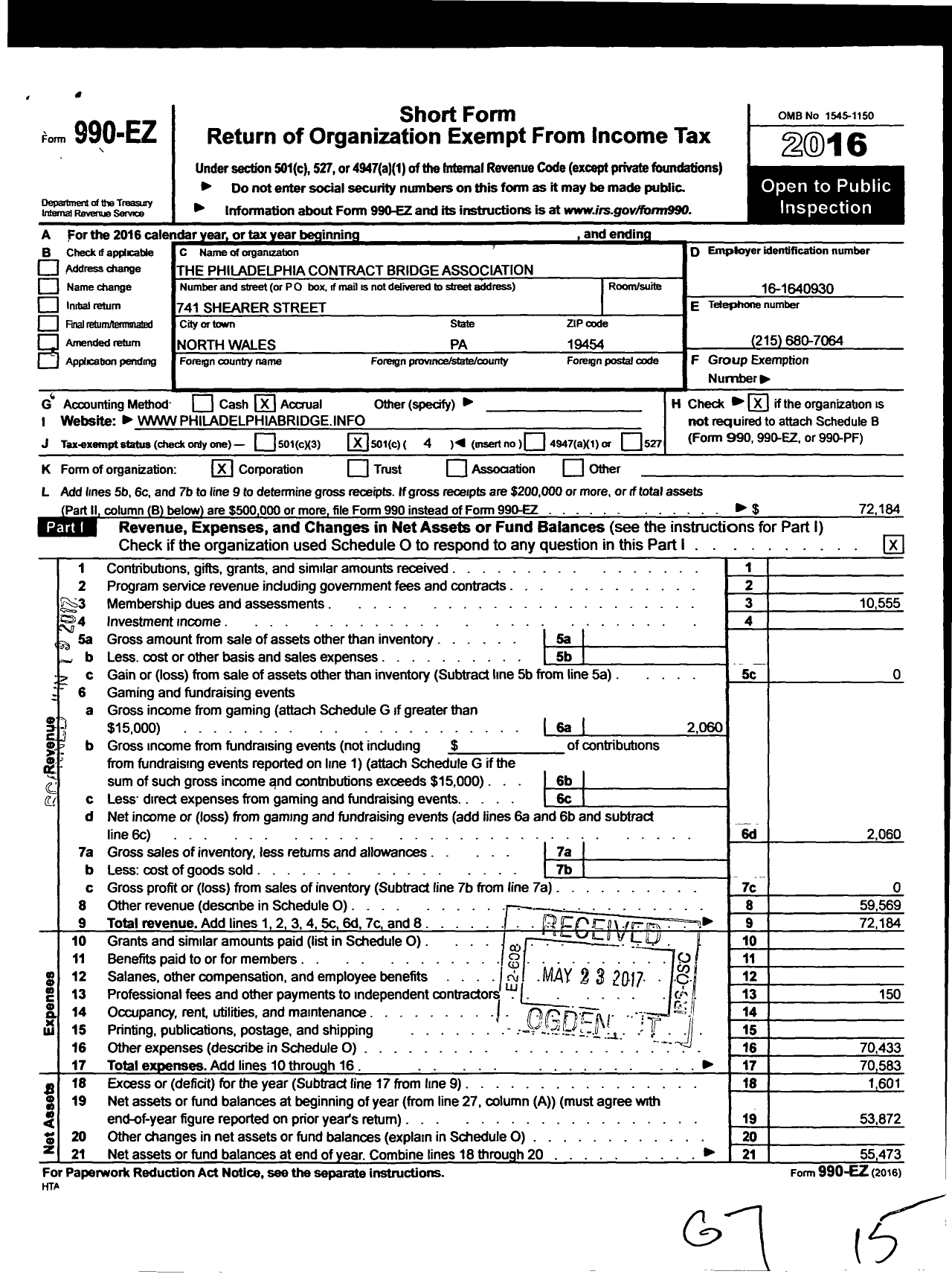 Image of first page of 2016 Form 990EO for Philadelphia Contract Bridge Association