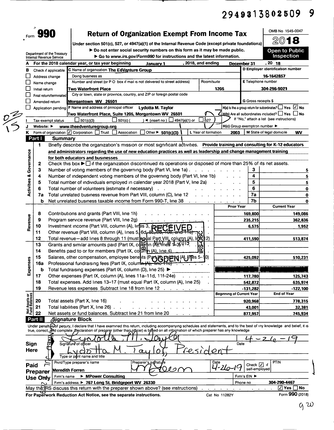 Image of first page of 2018 Form 990 for Edventure Group