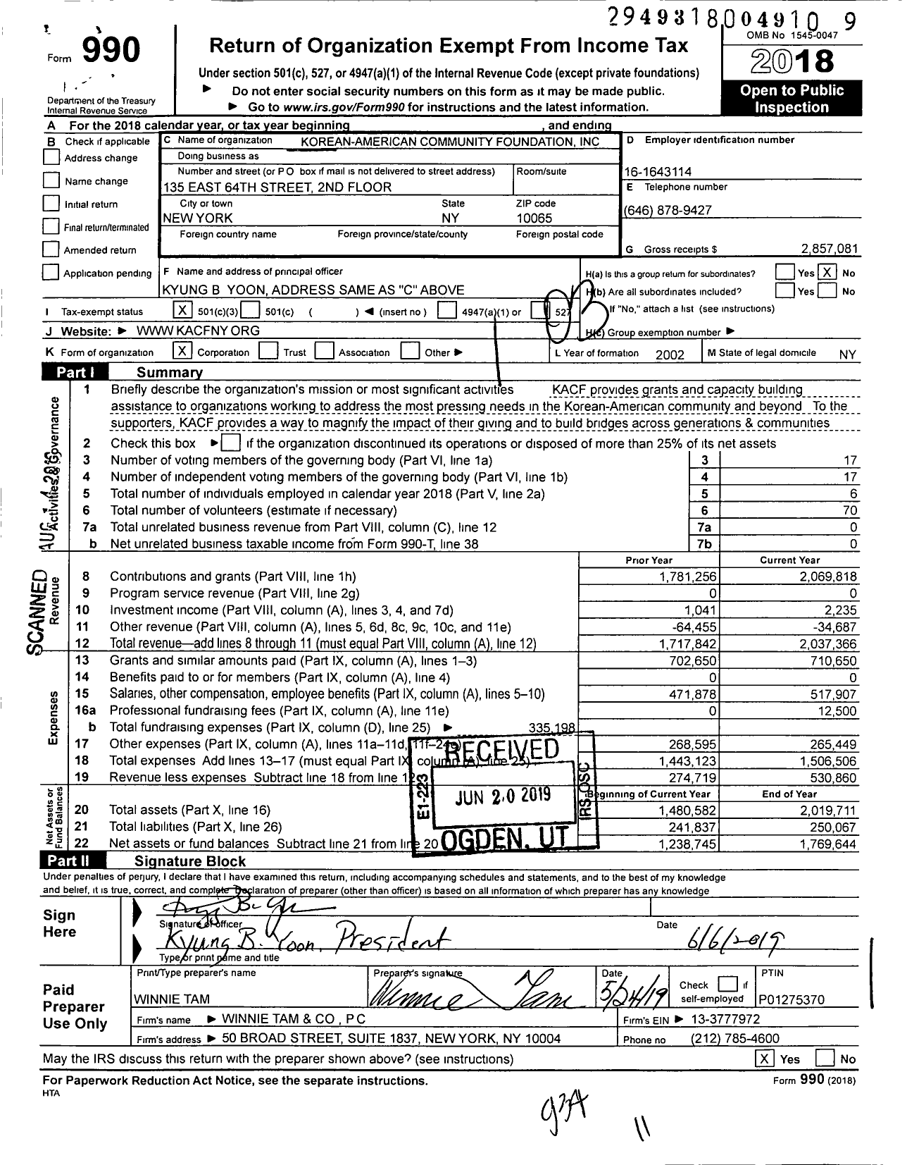 Image of first page of 2018 Form 990 for Korean American Community Foundation (KACF)