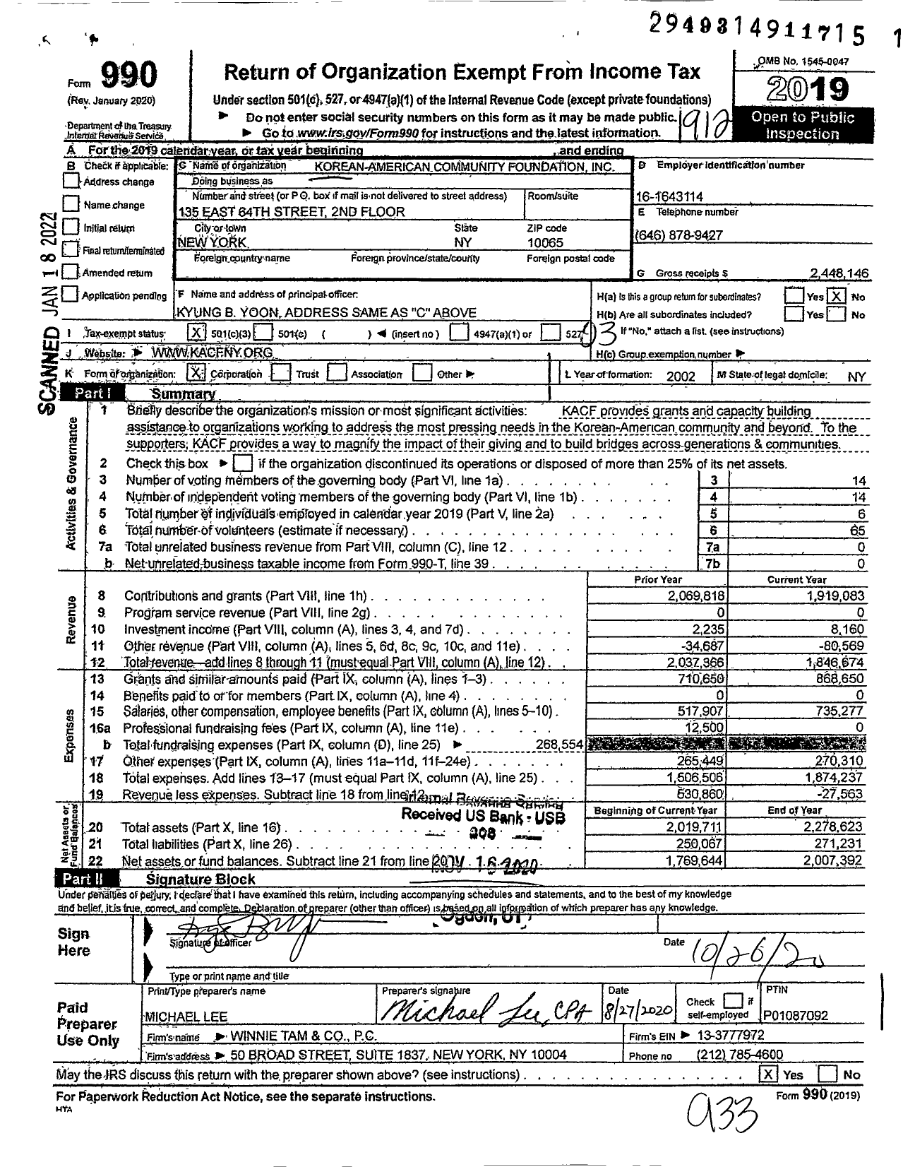 Image of first page of 2019 Form 990 for Korean American Community Foundation (KACF)