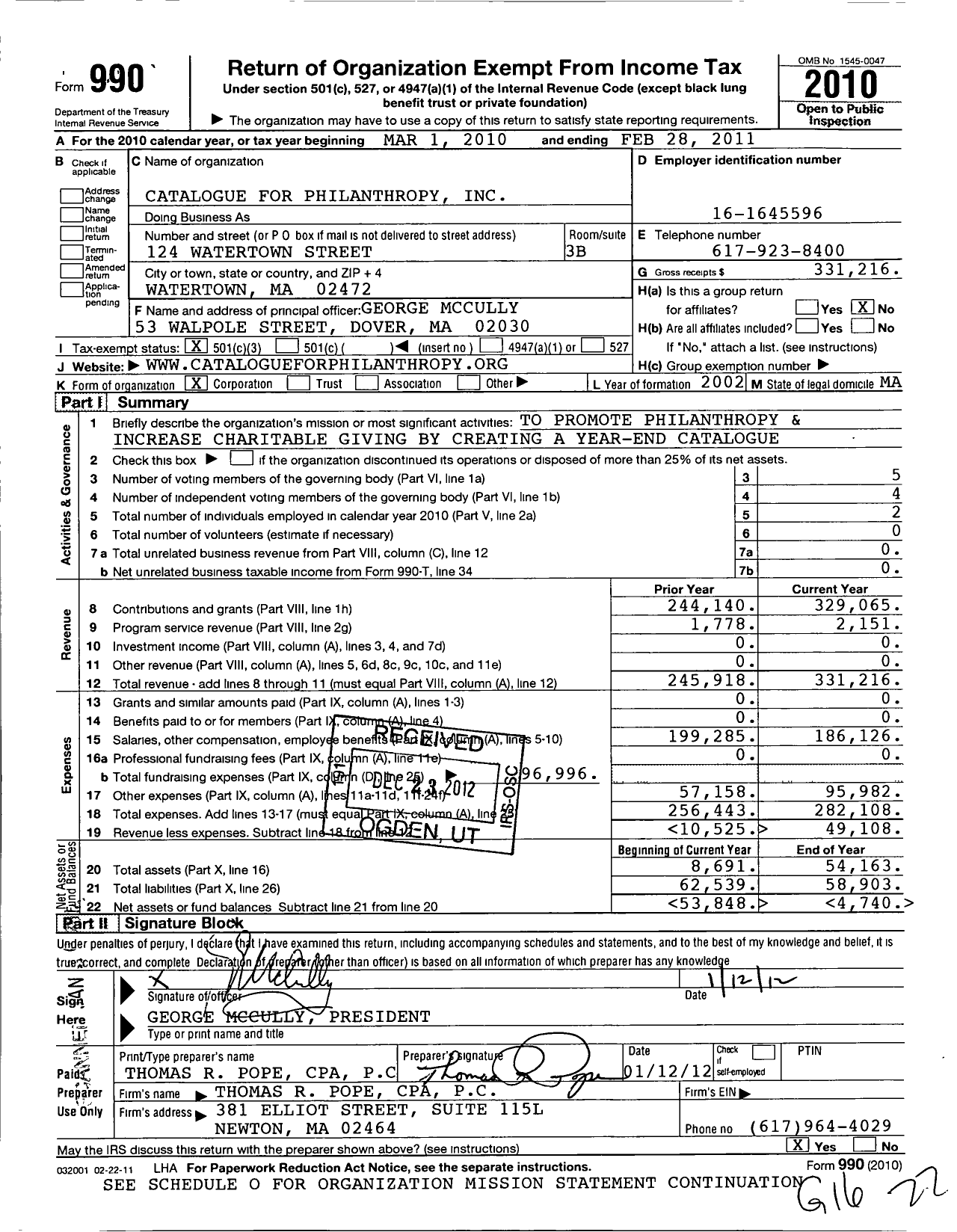 Image of first page of 2010 Form 990 for Catalogue for Philanthropy