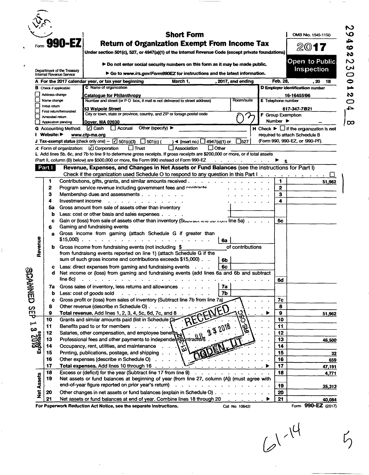 Image of first page of 2017 Form 990EZ for Catalogue for Philanthropy