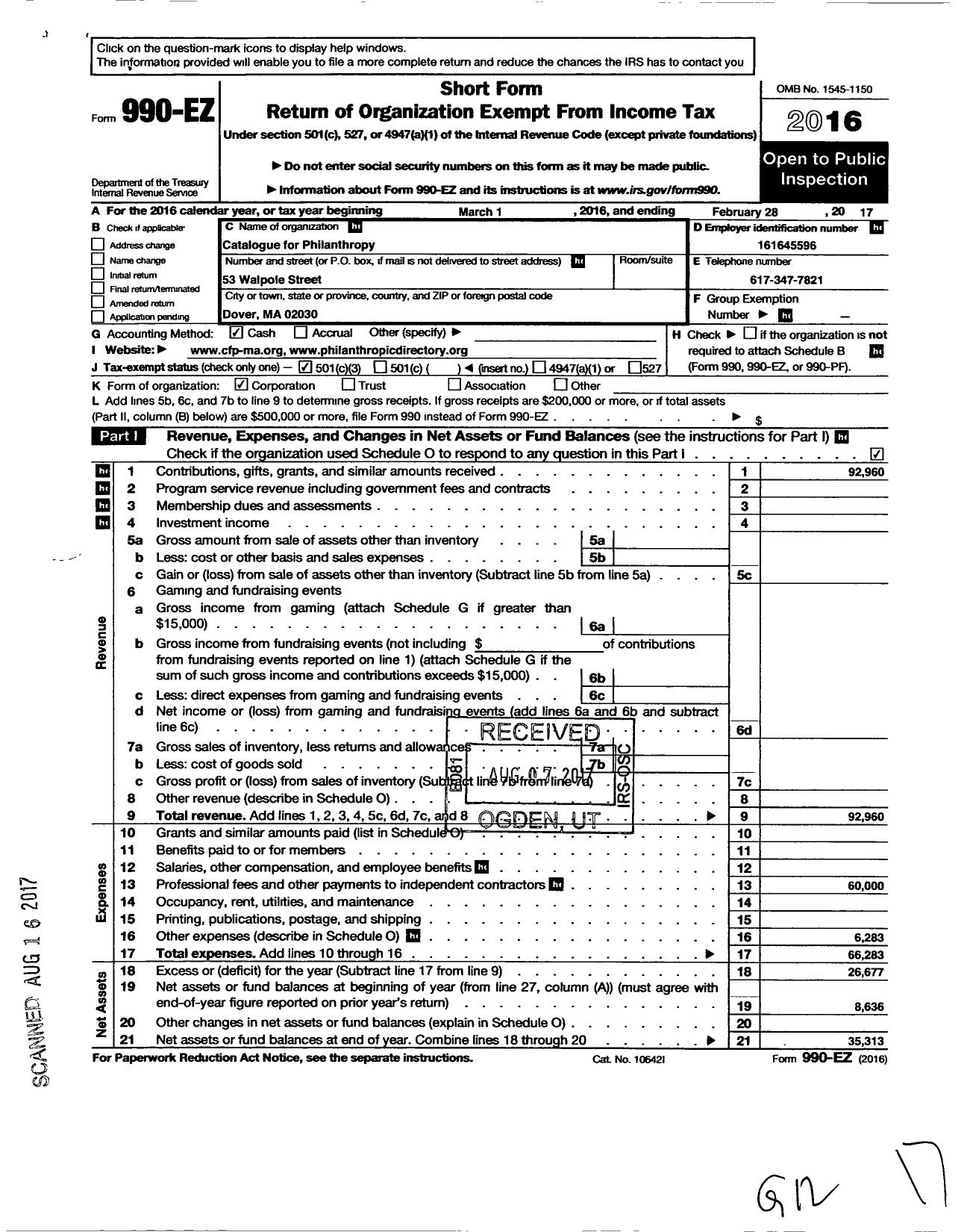 Image of first page of 2016 Form 990EZ for Catalogue for Philanthropy