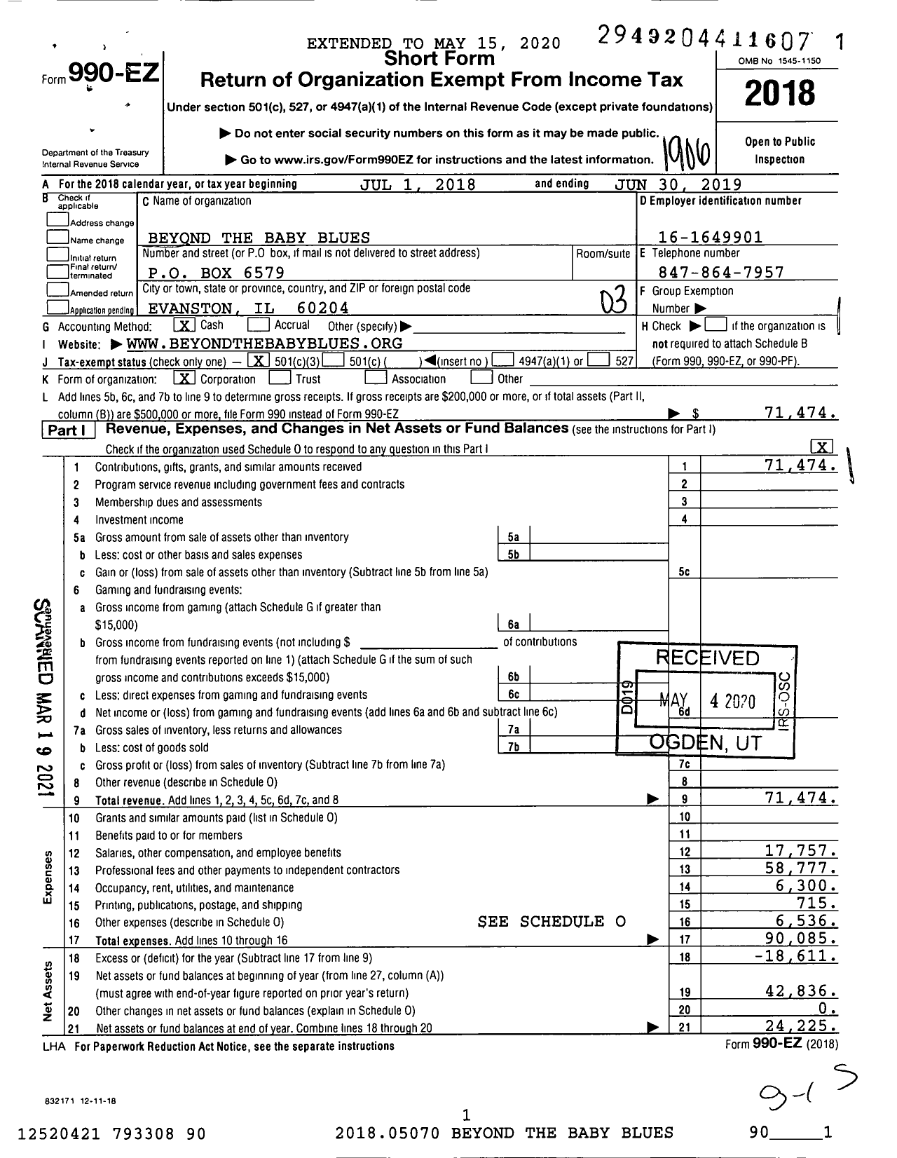 Image of first page of 2018 Form 990EZ for Beyond the Baby Blues