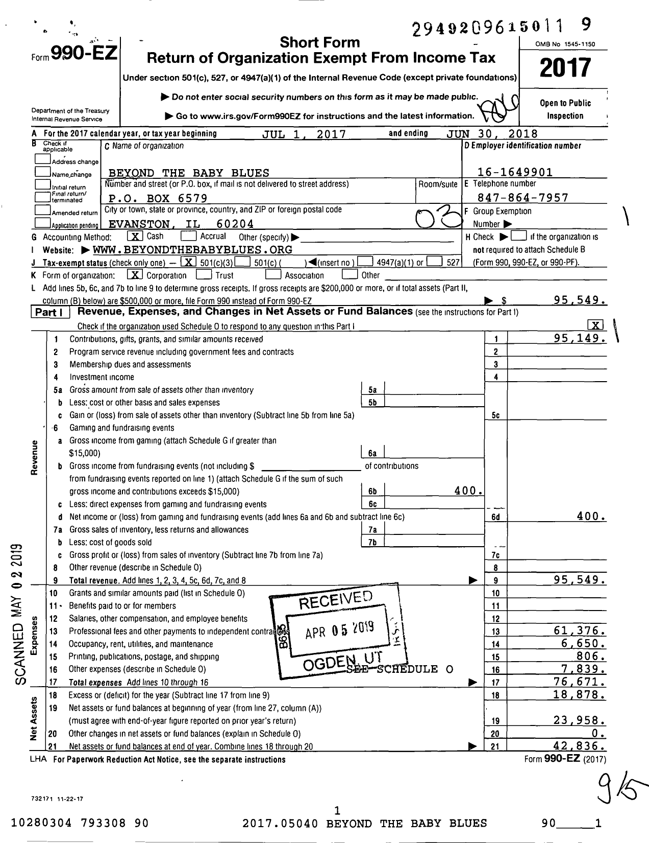 Image of first page of 2017 Form 990EZ for Beyond the Baby Blues