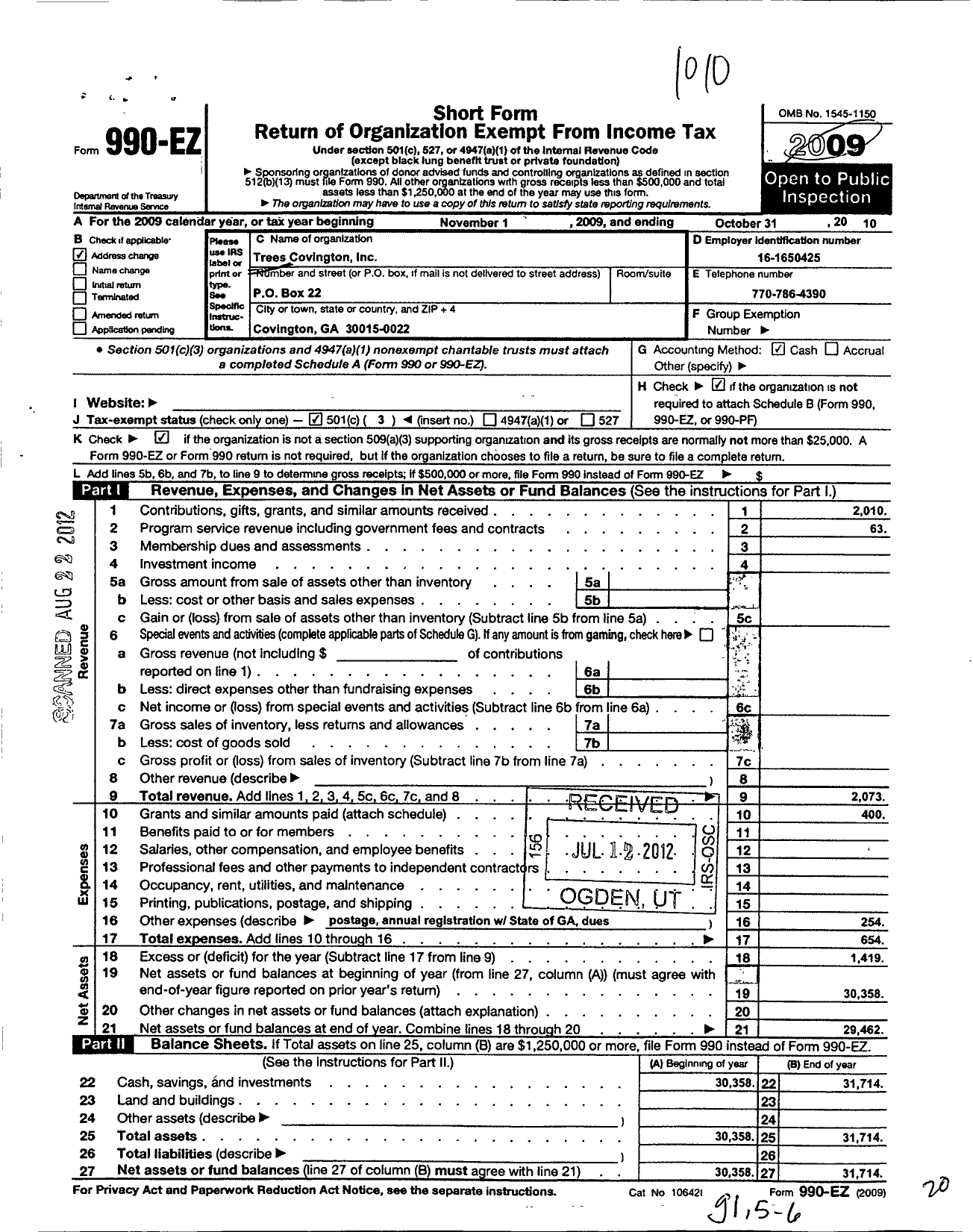 Image of first page of 2009 Form 990EZ for Trees Covington