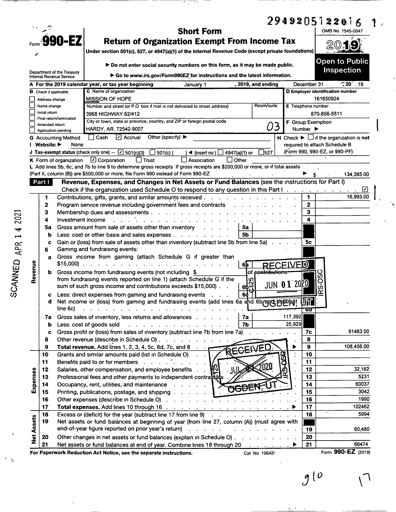 Image of first page of 2019 Form 990EZ for Mission of Hope