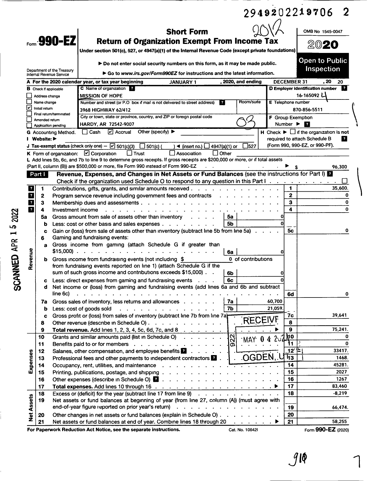 Image of first page of 2020 Form 990EZ for Mission of Hope