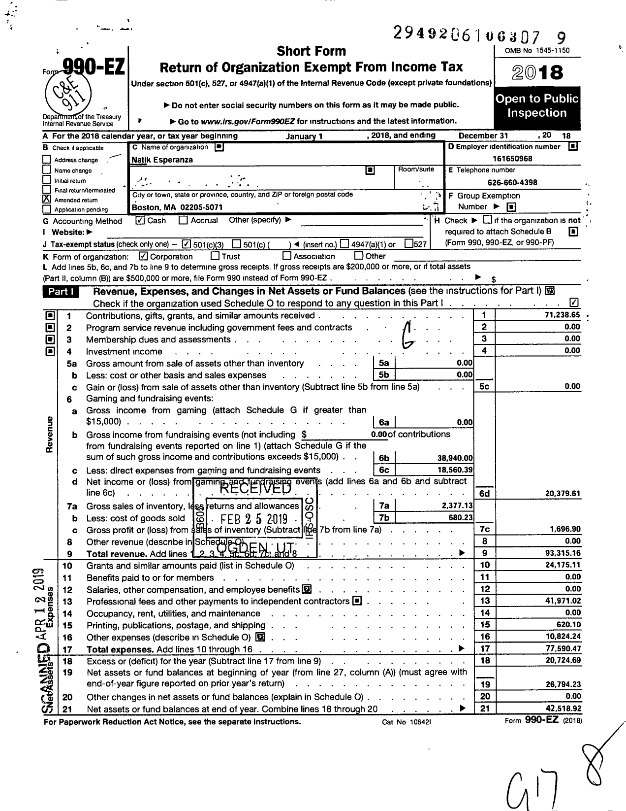 Image of first page of 2018 Form 990EZ for Natik Esperanza Stratham NH