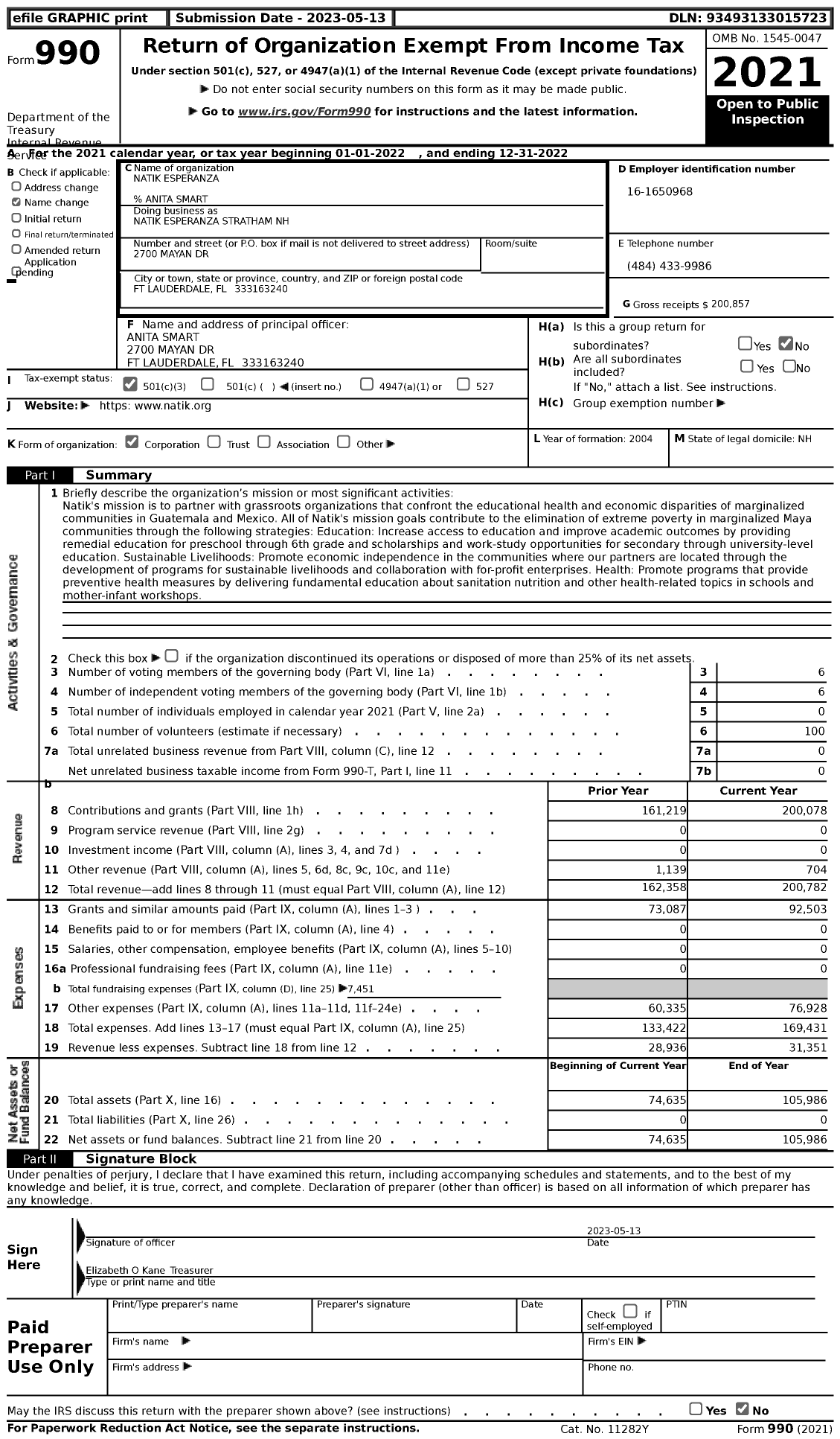 Image of first page of 2022 Form 990 for Natik Esperanza Stratham NH