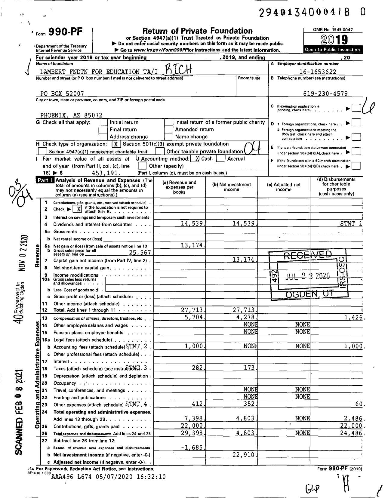 Image of first page of 2019 Form 990PF for Lambert Fndtn for Education Tai