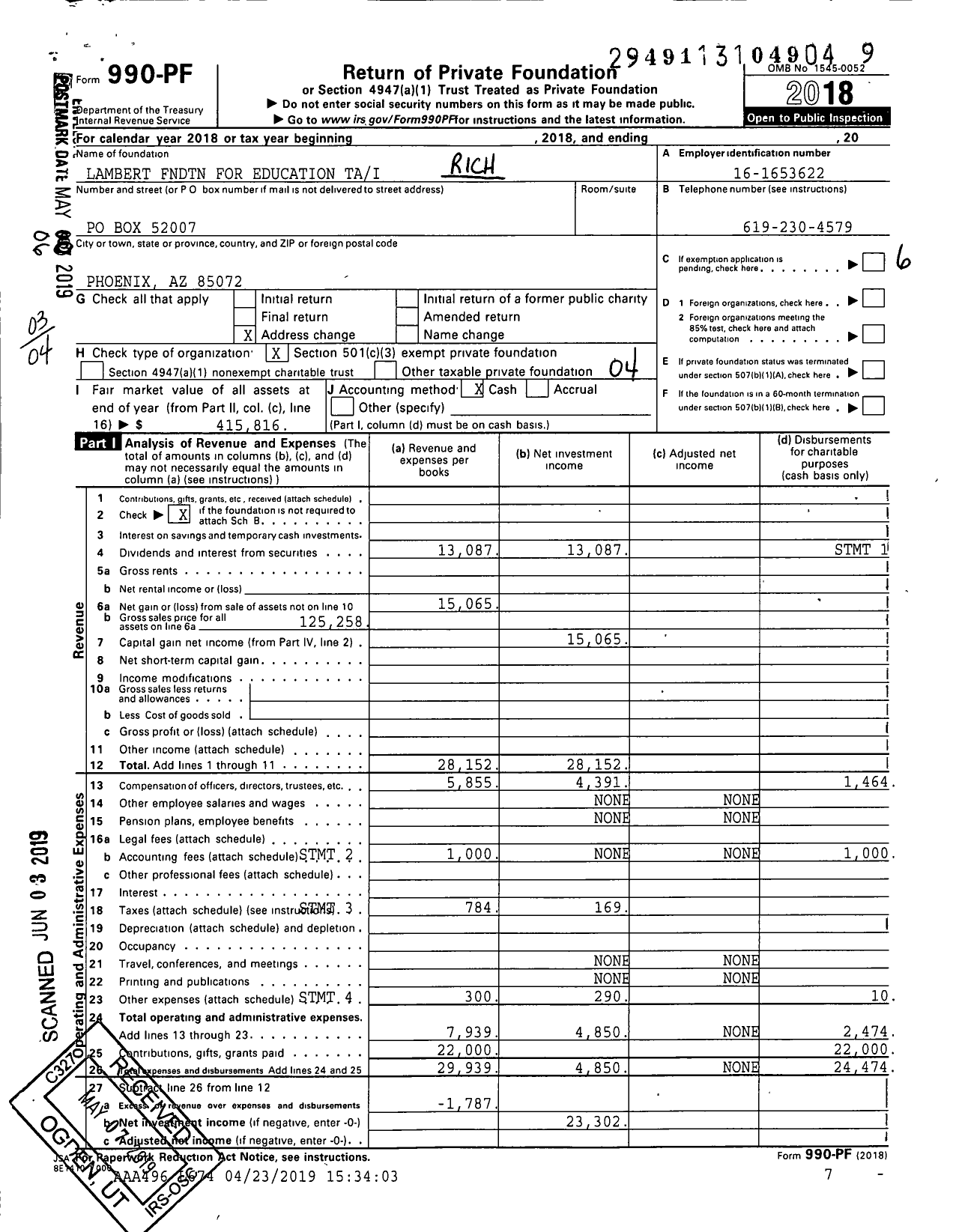 Image of first page of 2018 Form 990PF for Lambert Fndtn for Education Tai