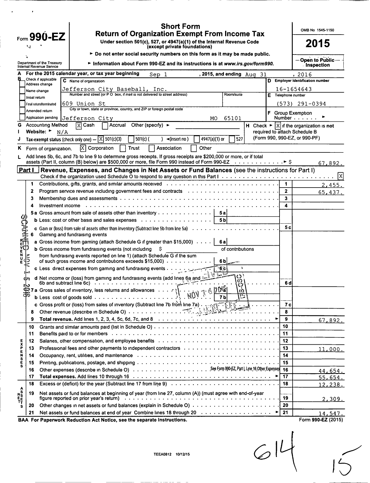 Image of first page of 2015 Form 990EZ for Jefferson City Baseball