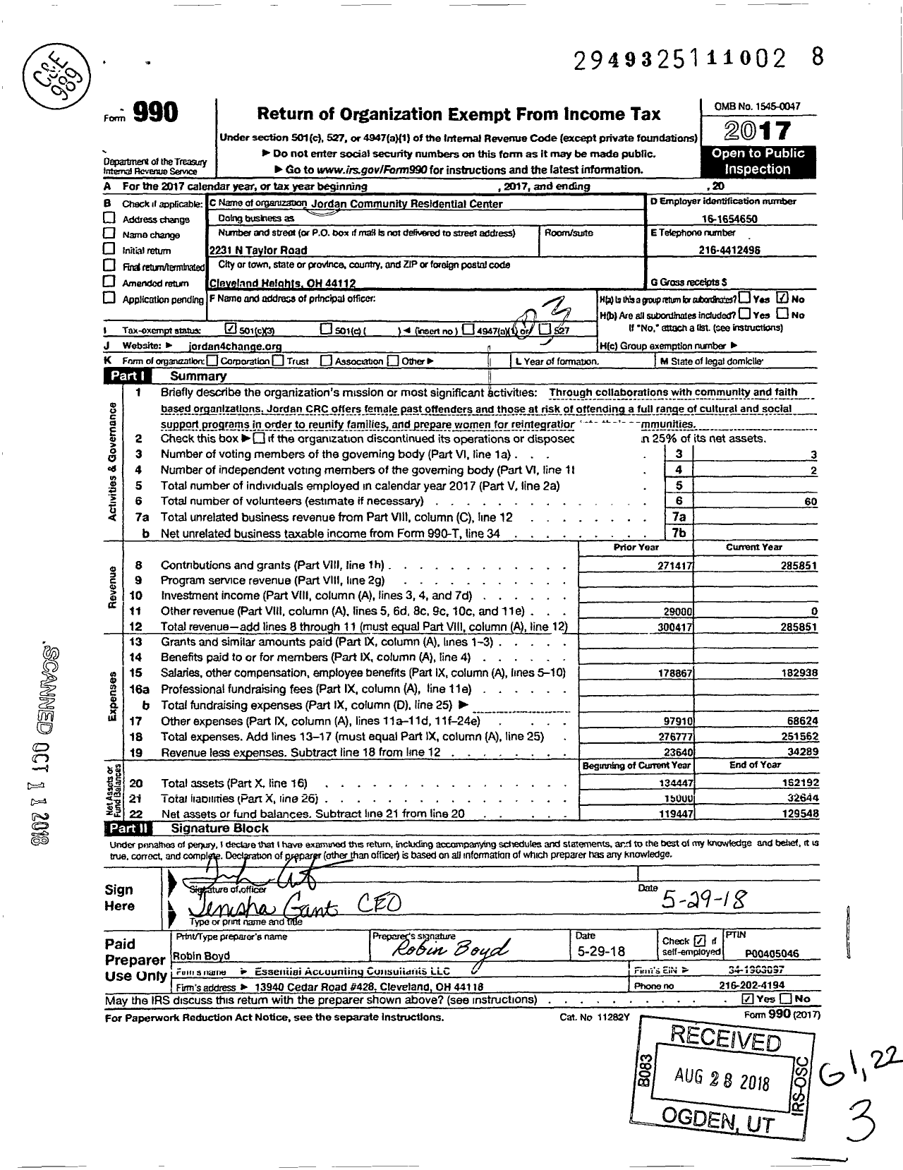 Image of first page of 2017 Form 990 for Jordan Community Residential Center