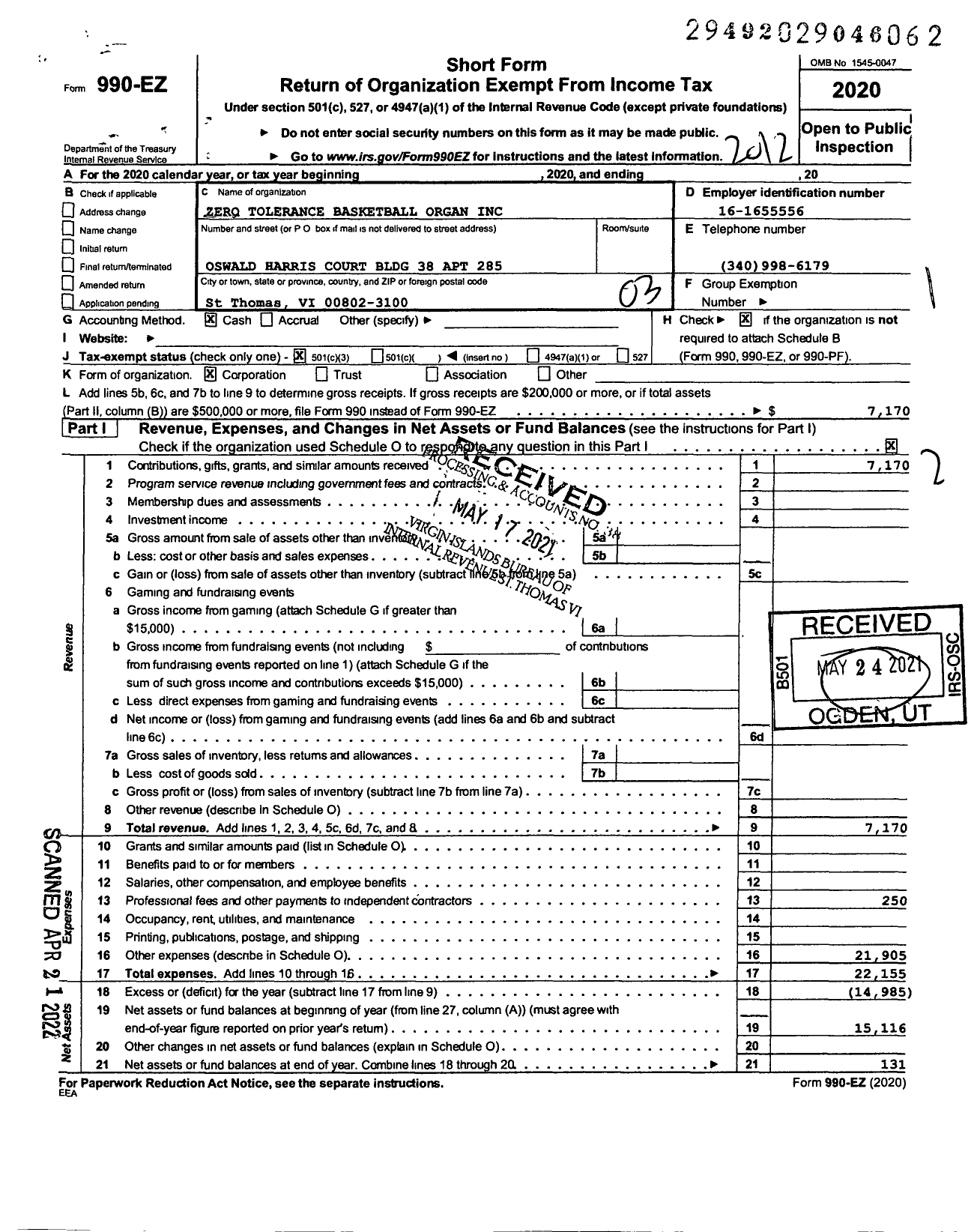 Image of first page of 2020 Form 990EZ for Zero Tolerance Basketball Organ