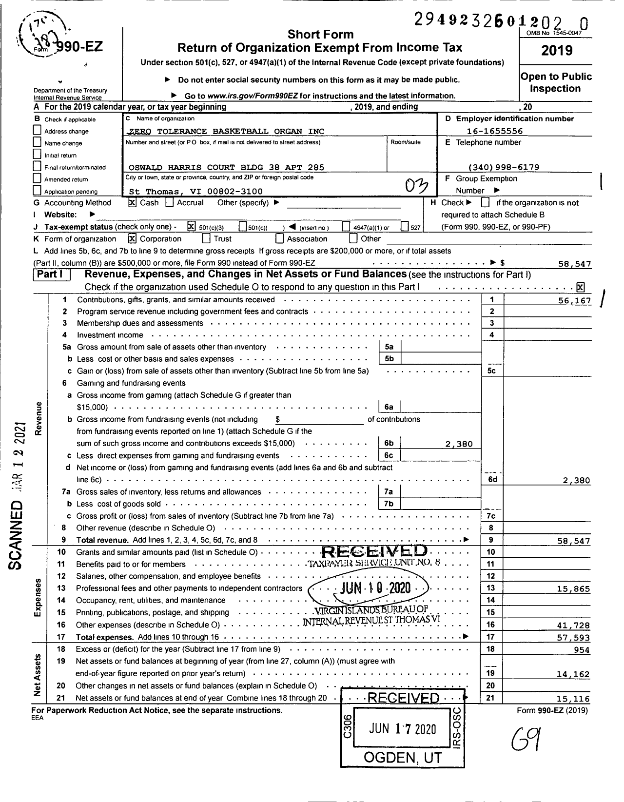 Image of first page of 2019 Form 990EZ for Zero Tolerance Basketball Organ