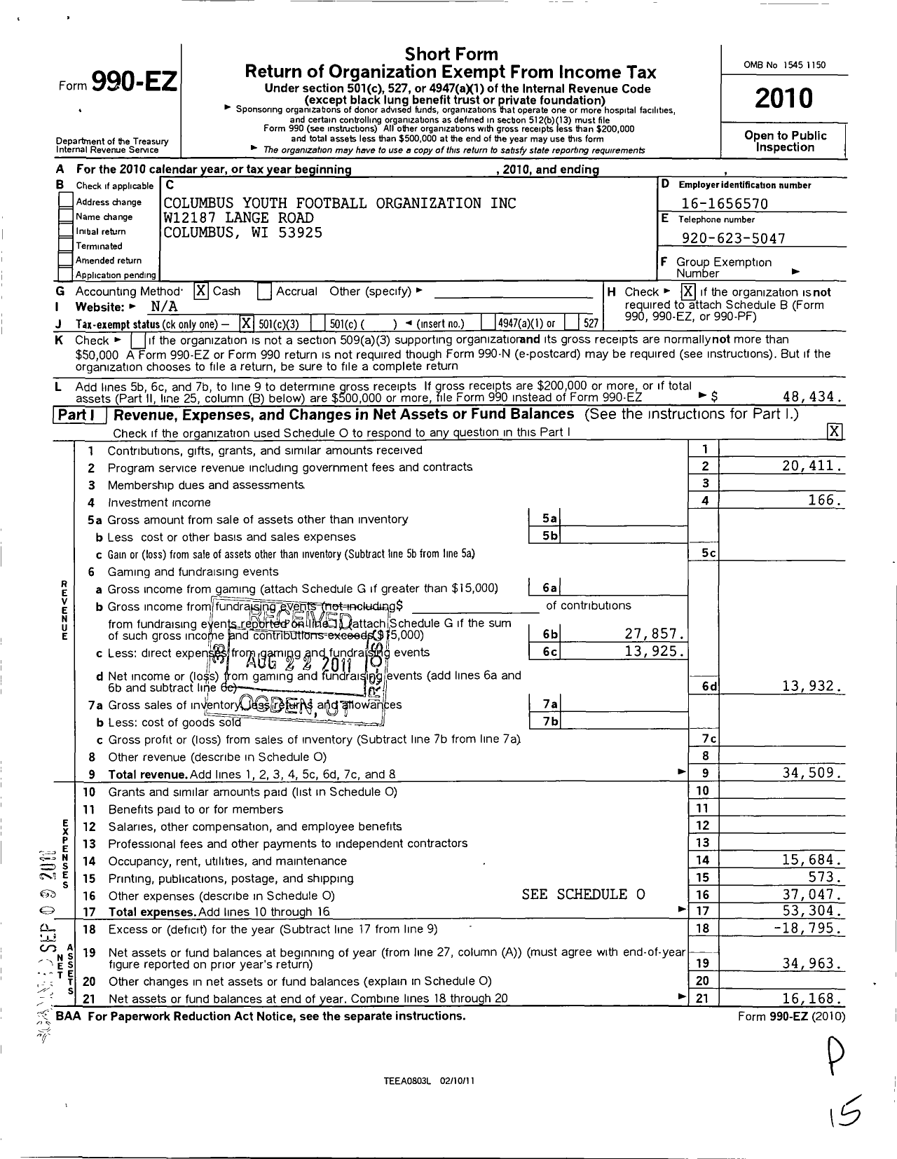 Image of first page of 2010 Form 990EZ for Columbus Football Organization