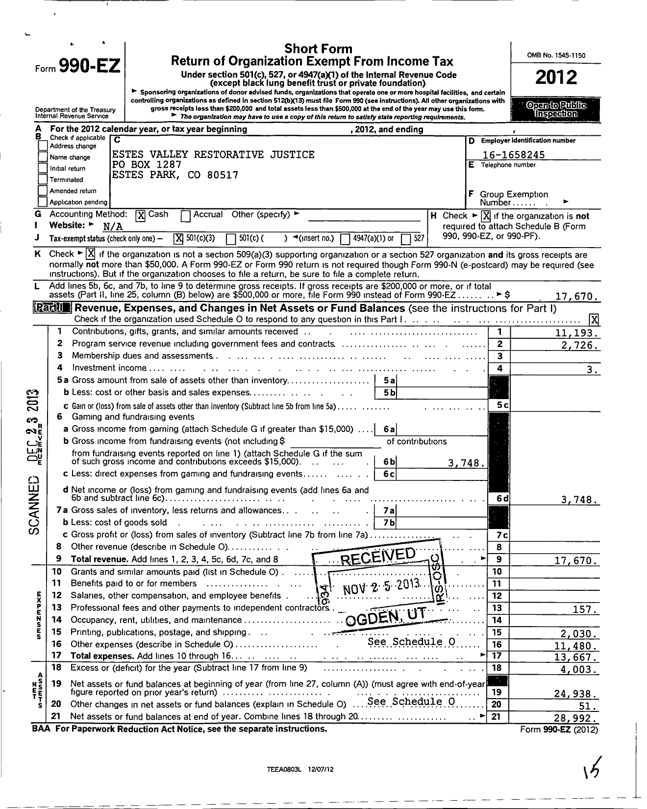 Image of first page of 2012 Form 990EZ for Estes Valley Restorative Justice Partnership