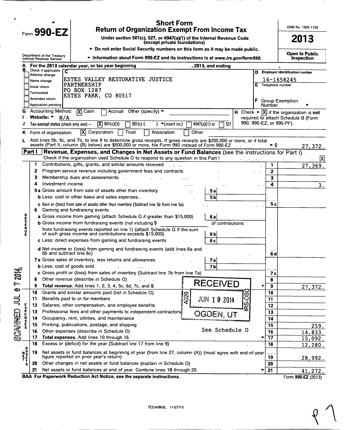 Image of first page of 2013 Form 990EZ for Estes Valley Restorative Justice Partnership