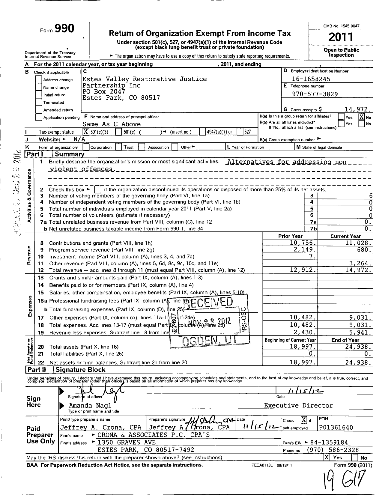 Image of first page of 2011 Form 990 for Estes Valley Restorative Justice Partnership